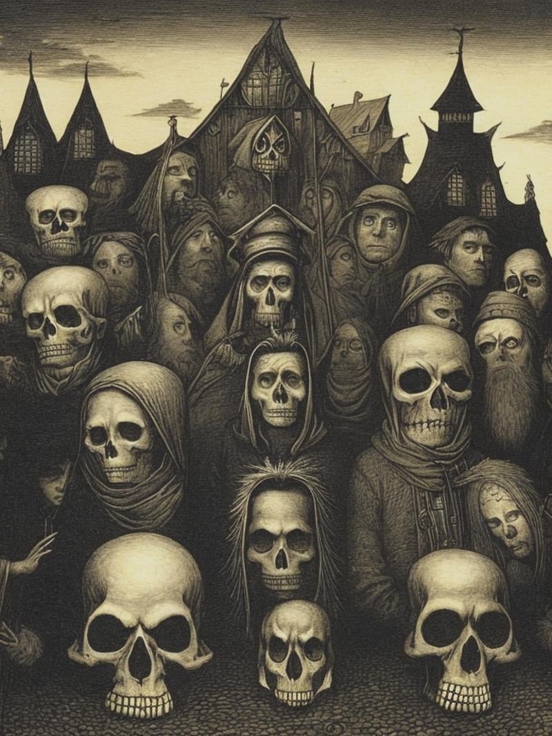a drawing of a group of people with skulls in ear,  in the style of john kenn mortensen,  fairy tale illustrations by Kapp...