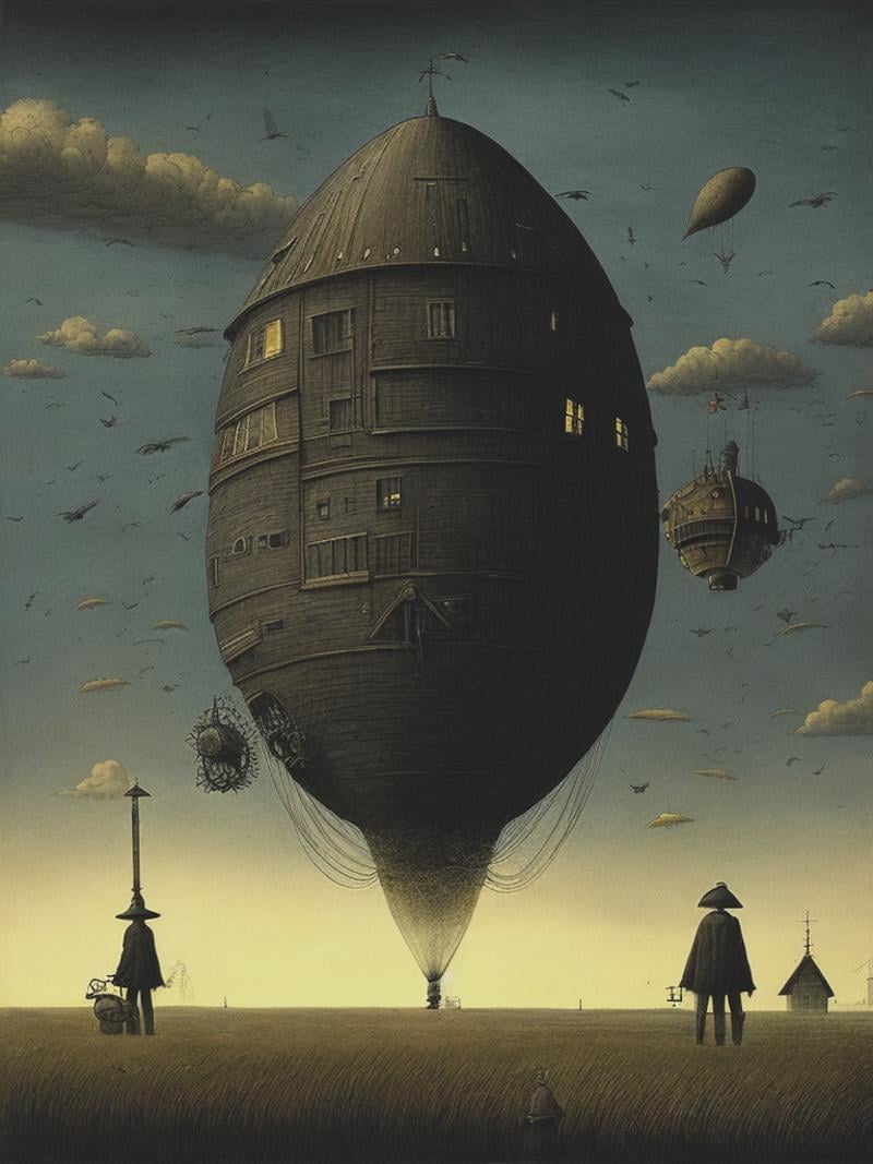 steampunk zepplin scary creepy dark surreal illustration donken grimdark dark ominous John Kenn Mortensen by Kappa_Neuro o...