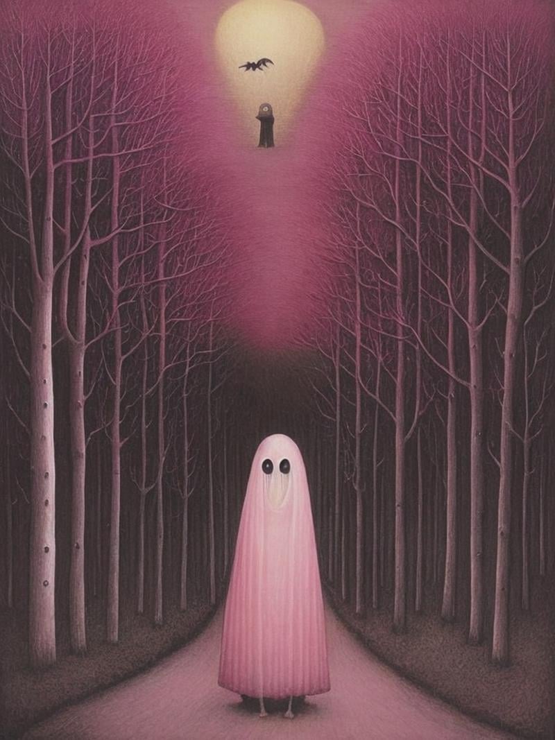 by John Kenn Mortensen,  a funny pink ghost,  diaphanous by Kappa_Neuro on Tensor.Art