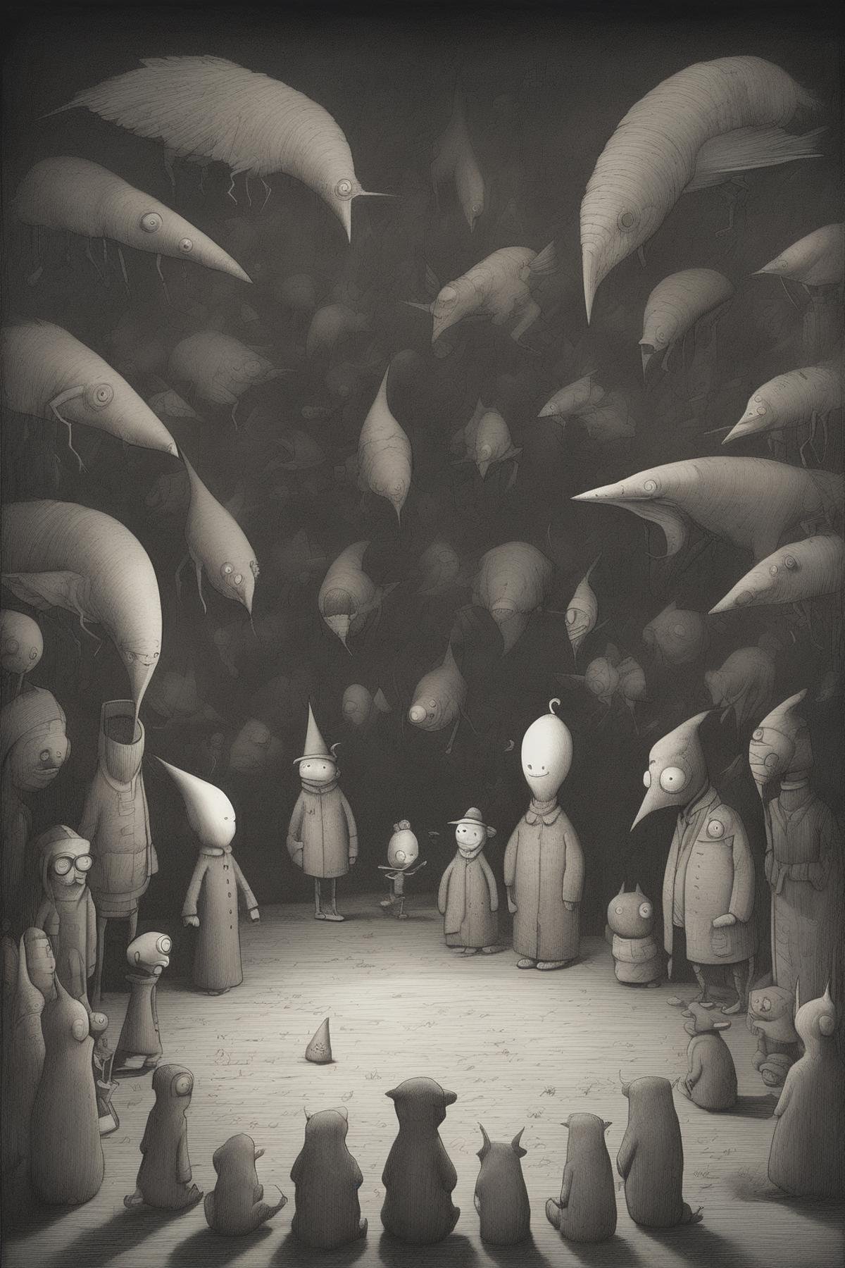 John Kenn Mortensen Style - Reference Shaun Tan.The environment is very dark,  you can hardly see the characters. only the...