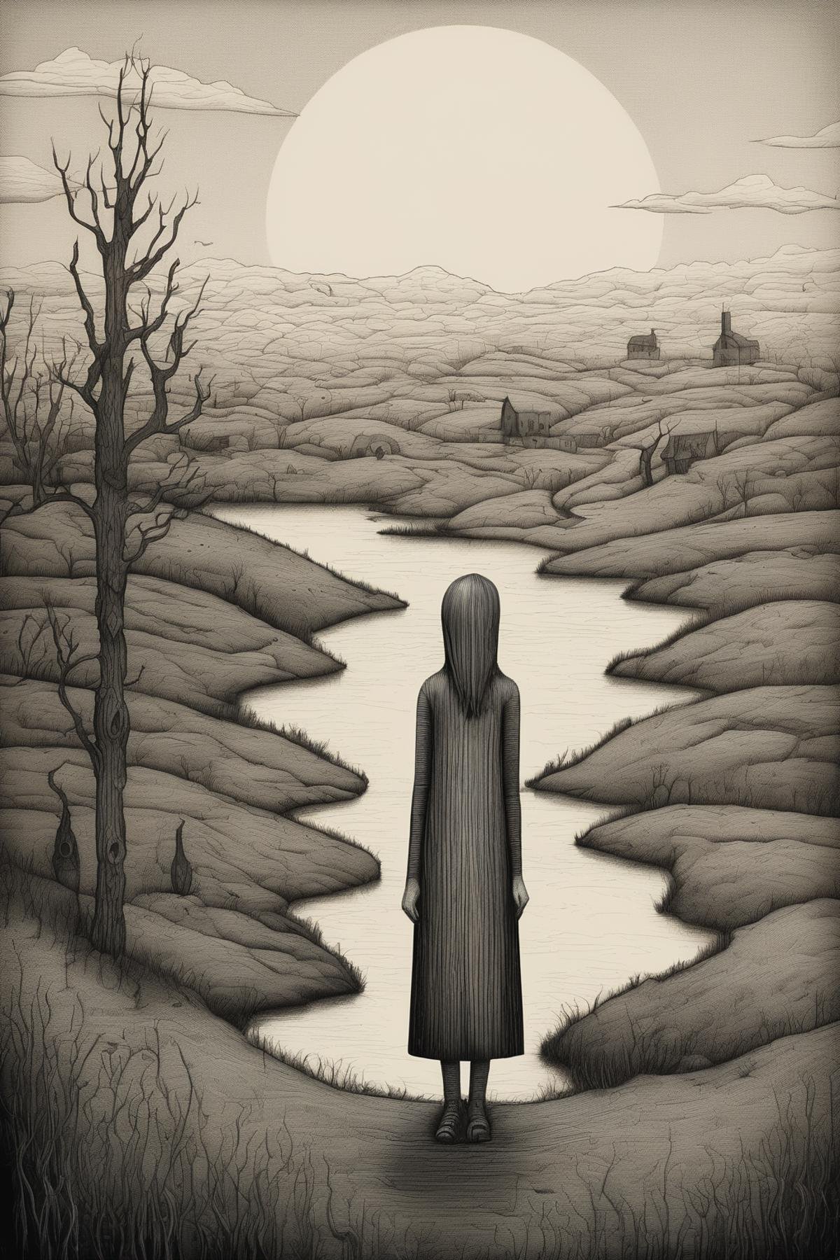 John Kenn Mortensen Style - Minimalistic Pencil drawing of a bizarre woman in a landscape,  woodcut,  modern by Kappa_Neur...