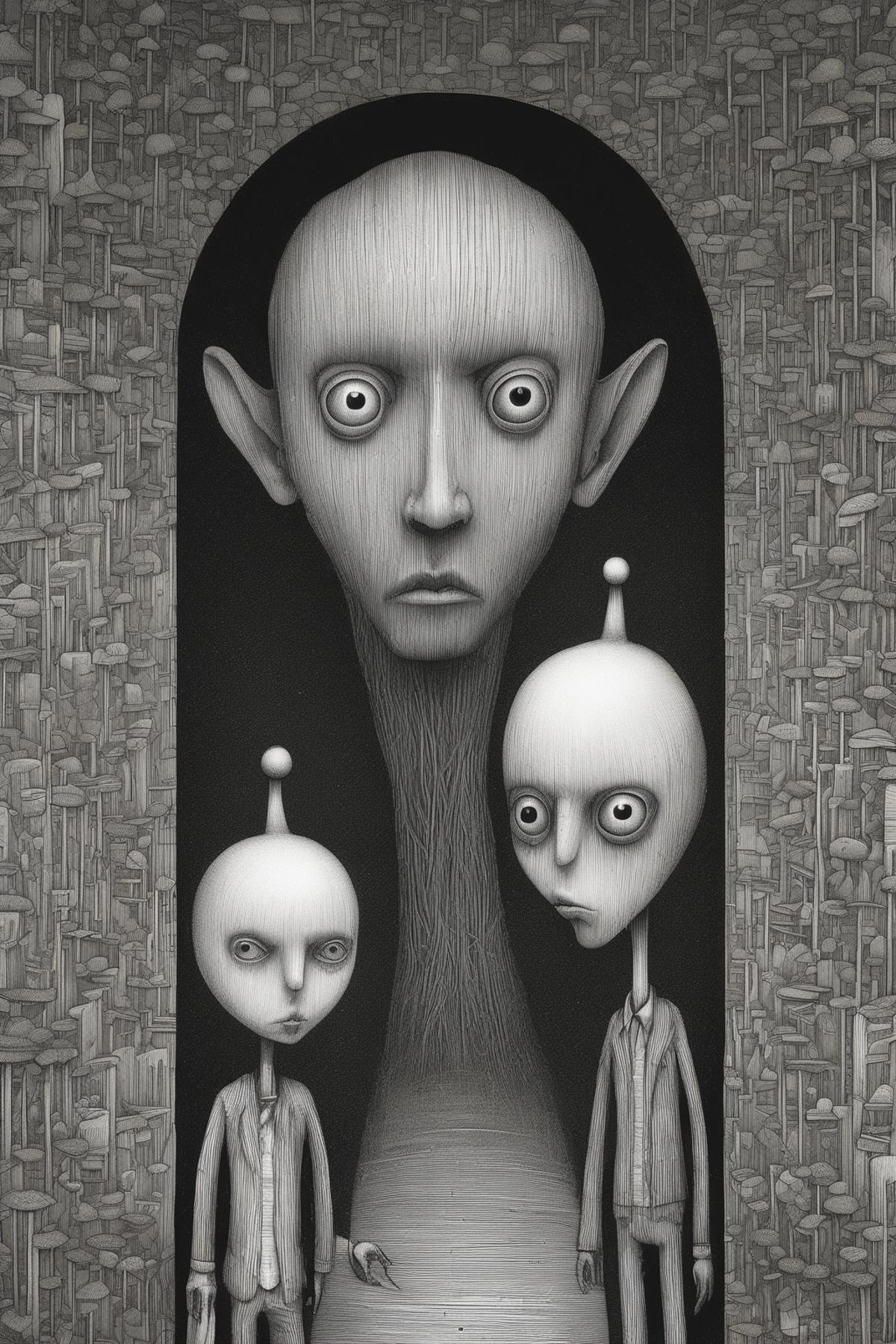 John Kenn Mortensen Style - style of Junji Ito and Naoto Hattori,  Stanley Donwood left right straight twins primitive art...
