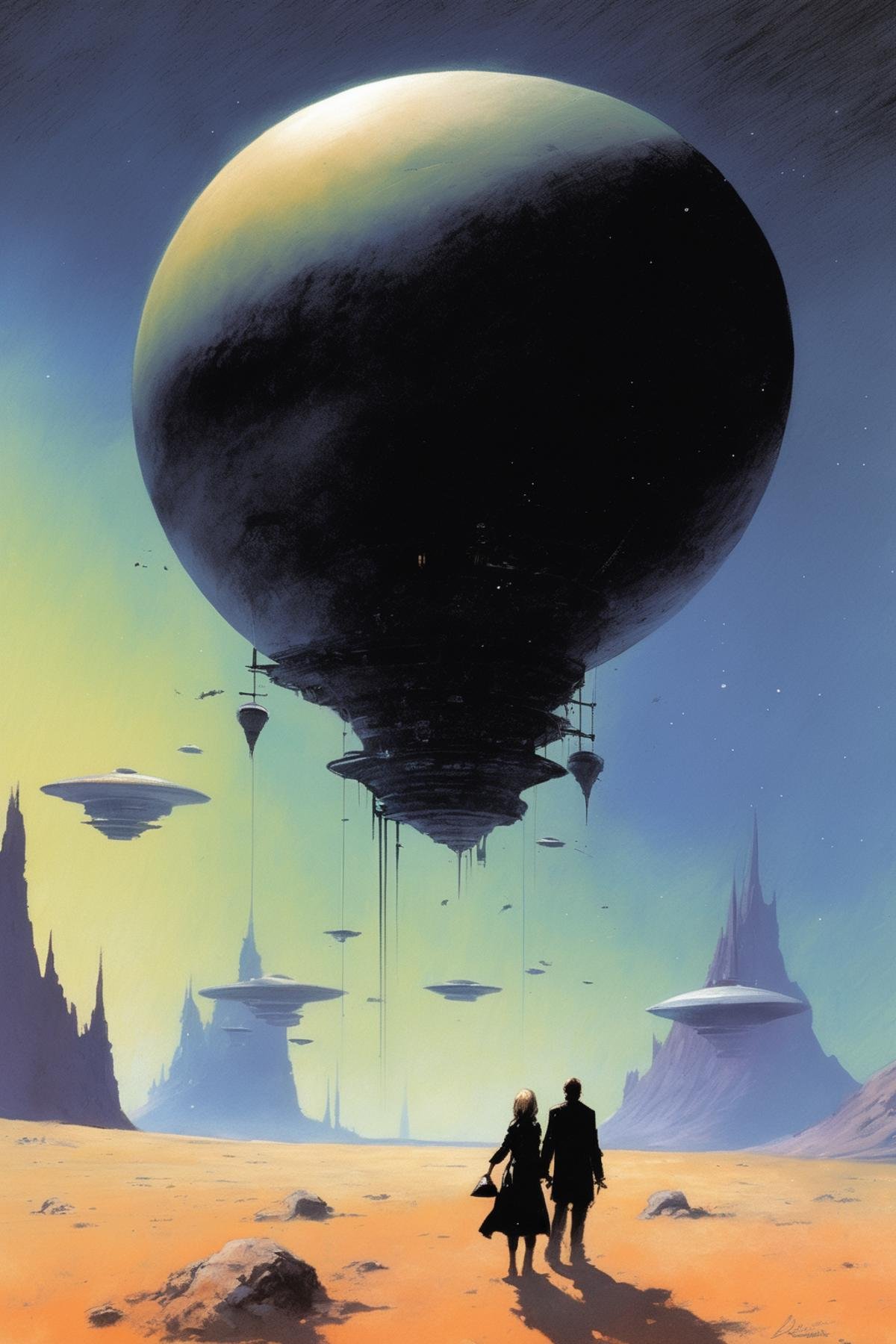 John Harris Style - Una ilustración de John Harris,  hay dos enamorados paseando por el espacio exterior,  mientras ciento...