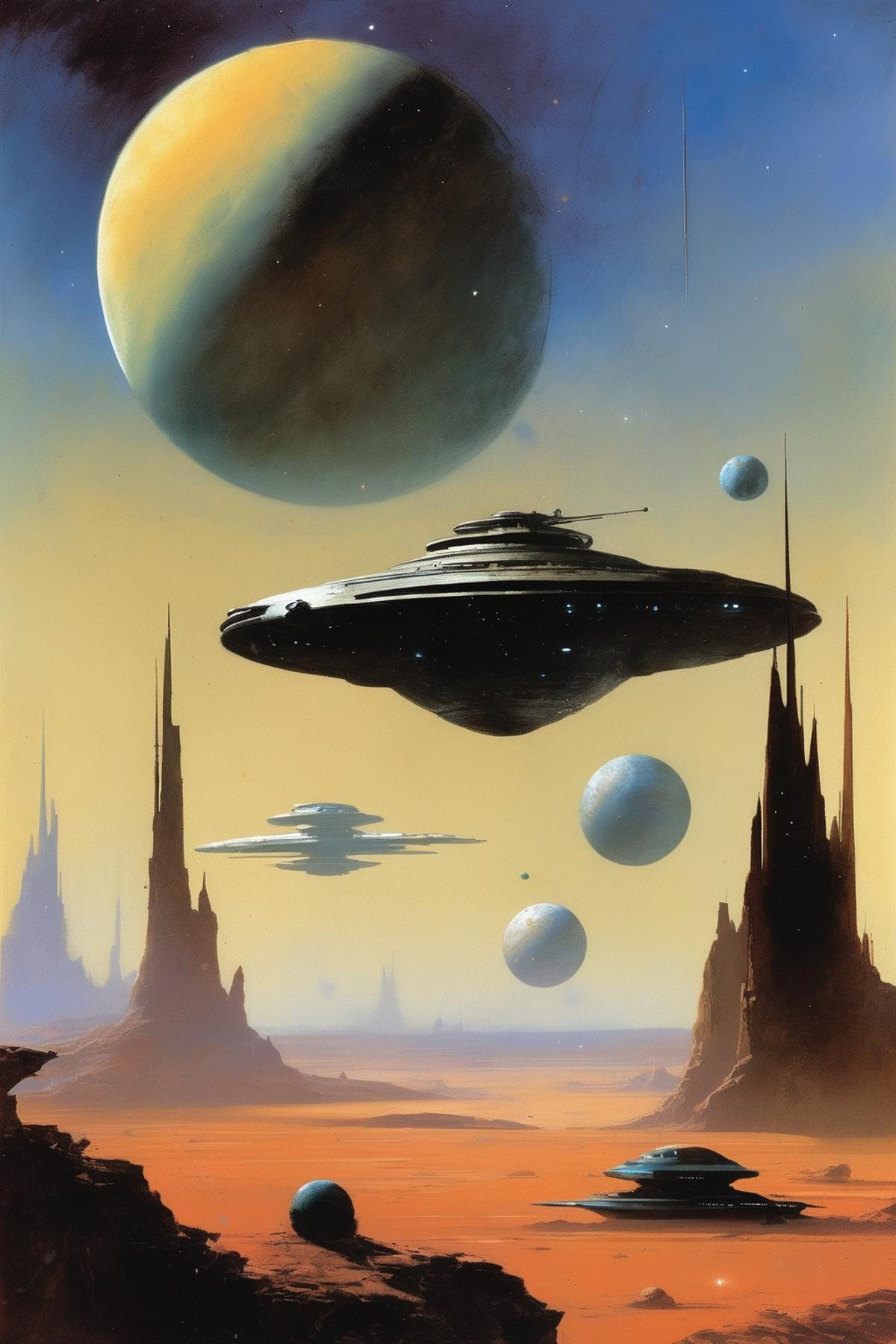 John Harris Style - a John Harris painting of huge spaceships and distant planets by Kappa_Neuro on Tensor.Art