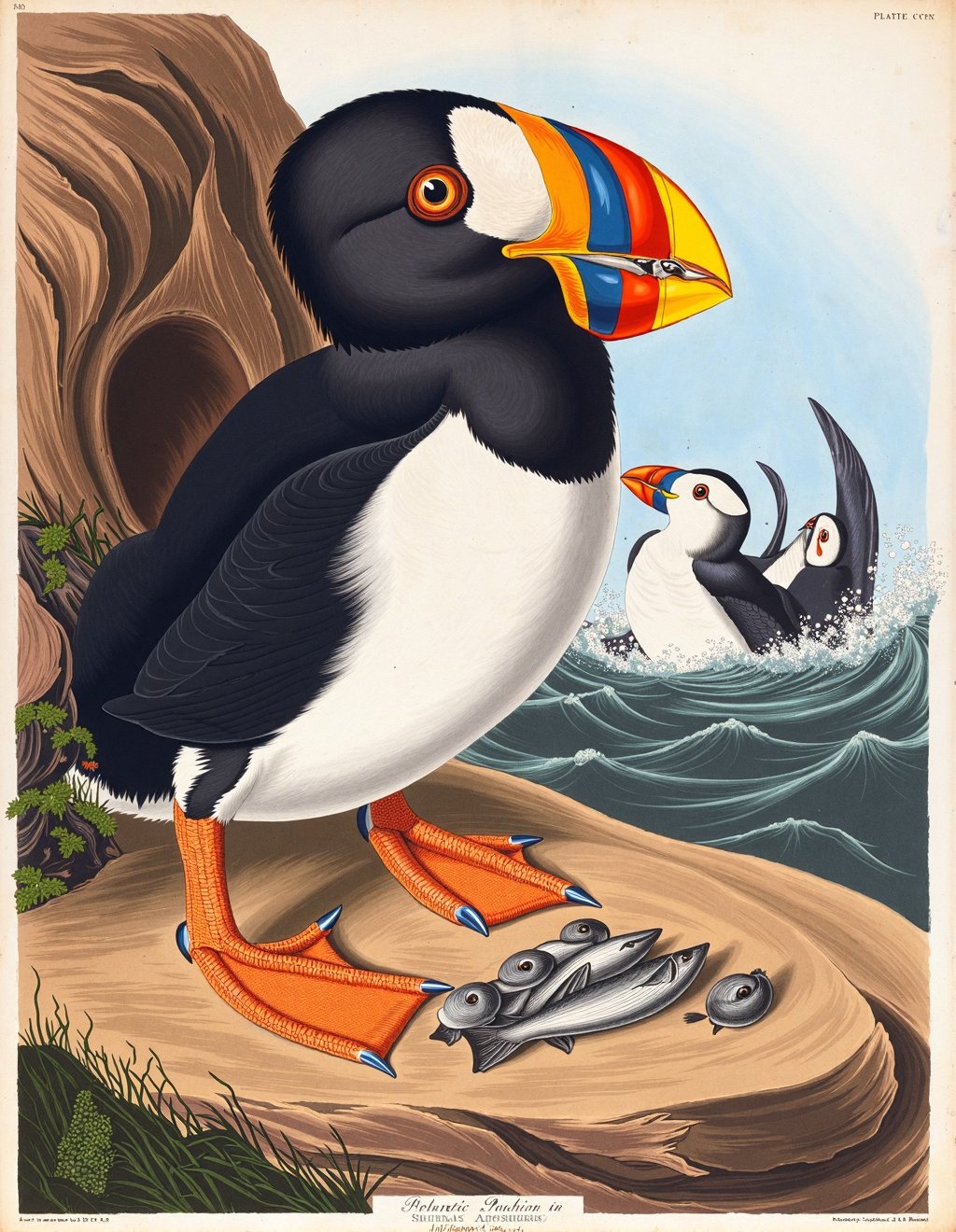 John James Audubon Style,  An Atlantic Puffin stands at its burrow entrance on rocky coastal cliff,  breeding plumage show...