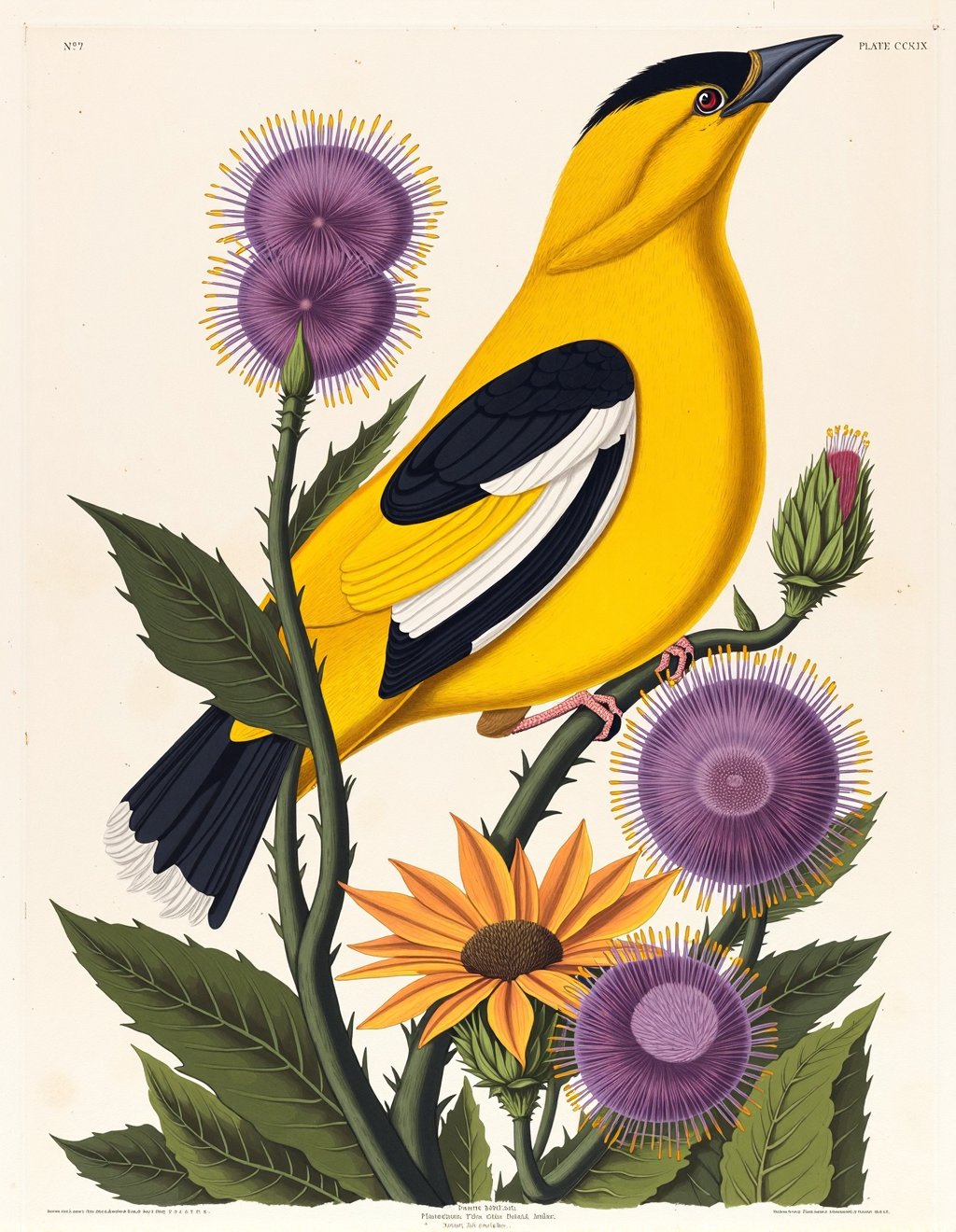 John James Audubon Style,  An American Goldfinch male perches on a purple thistle stem,  bright yellow breeding plumage co...