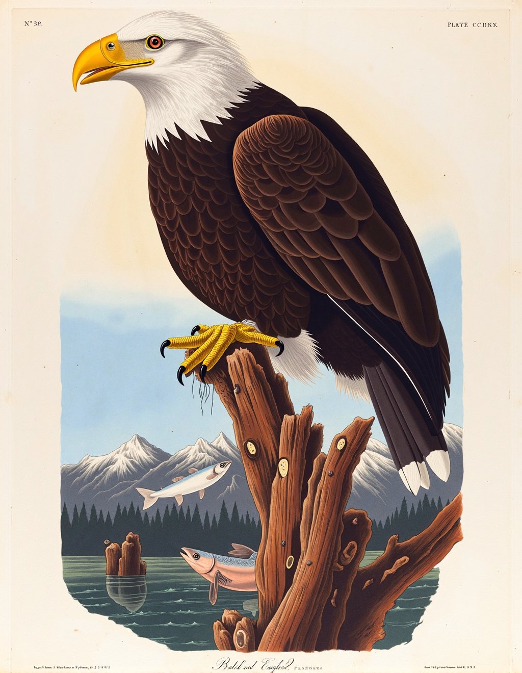 John James Audubon Style,  A Bald Eagle perches majestically atop a weather-beaten pine snag,  its white head and tail fea...