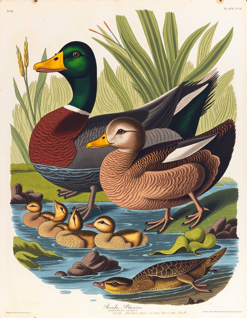 John James Audubon Style,  A Mallard pair dabbles in shallow pond water,  the male's iridescent green head contrasting wit...