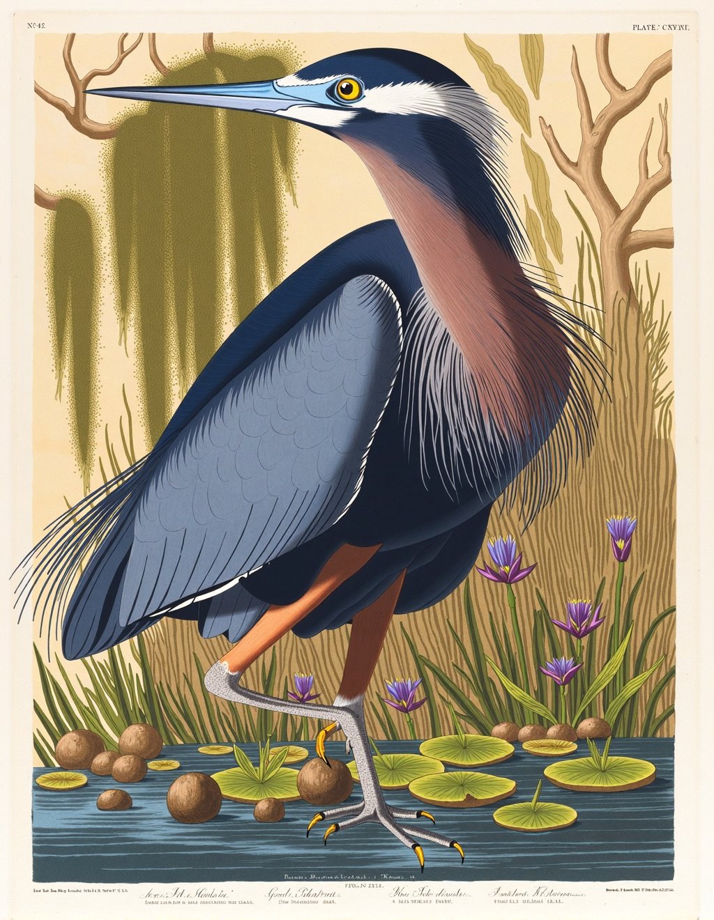 John James Audubon Style,  A Great Blue Heron stands regally in shallow marsh water,  one leg slightly raised mid-step by...
