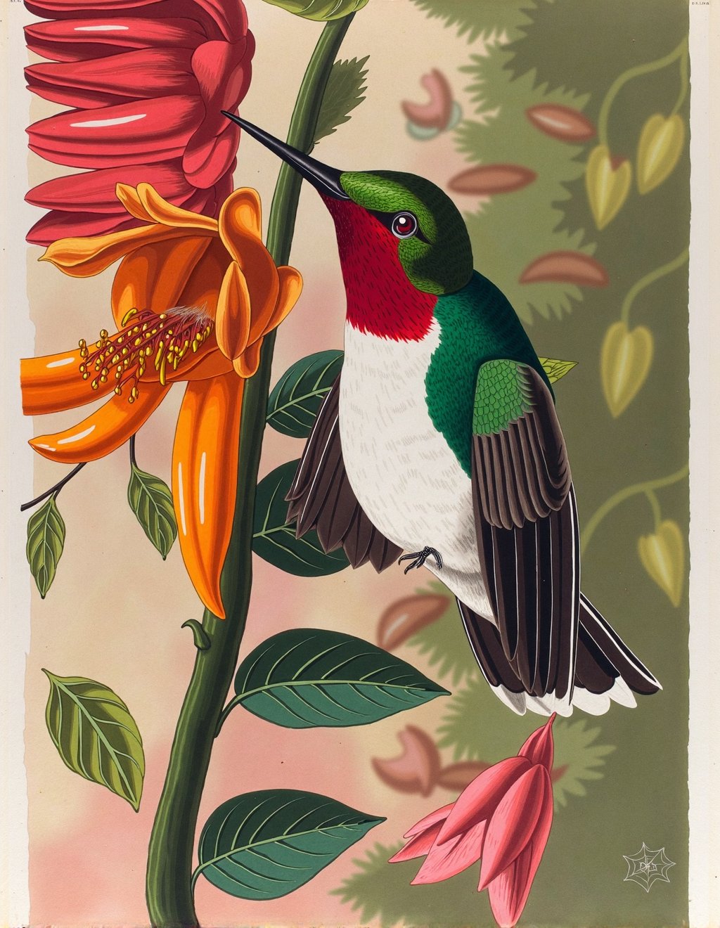 John James Audubon Style,  A Ruby-throated Hummingbird hovers beside trumpet vine flowers,  its wings captured in detailed...