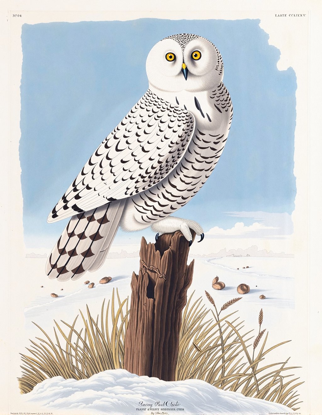 John James Audubon Style,  A Snowy Owl surveys its territory from atop a weathered wooden fencepost,  white plumage displa...