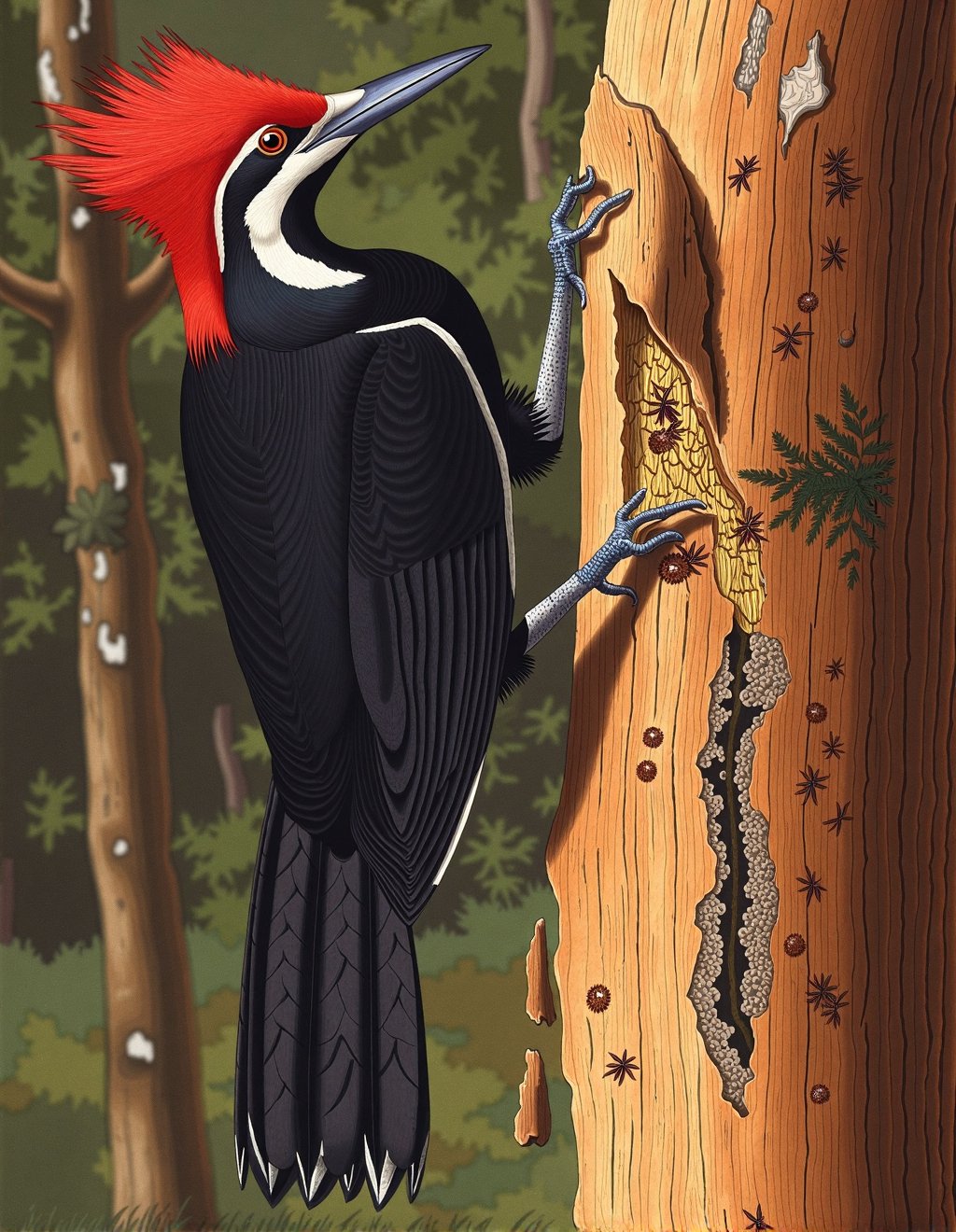 John James Audubon Style,  A Pileated Woodpecker clings vertically to a massive oak trunk,  its striking red crest erect a...