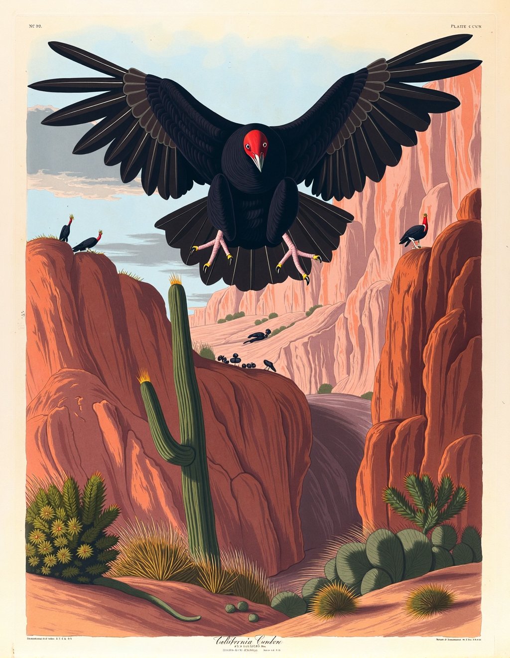 John James Audubon Style,  A California Condor soars against backdrop of rugged canyon landscape,  its massive nine-foot w...