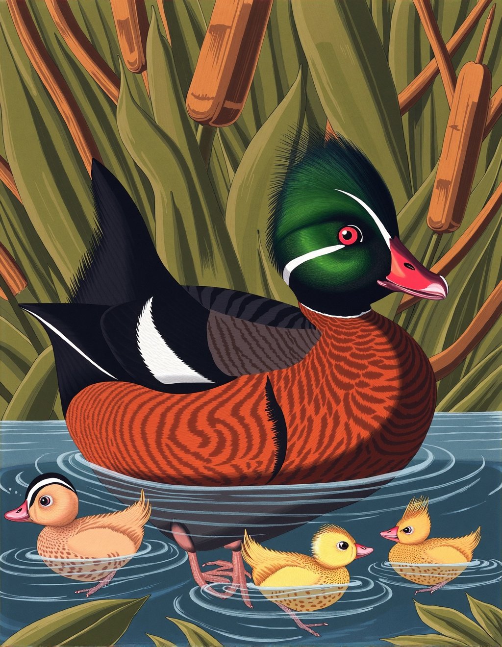 John James Audubon Style,  A Wood Duck male floats on reflective pond water,  its ornate breeding plumage rendered in exqu...
