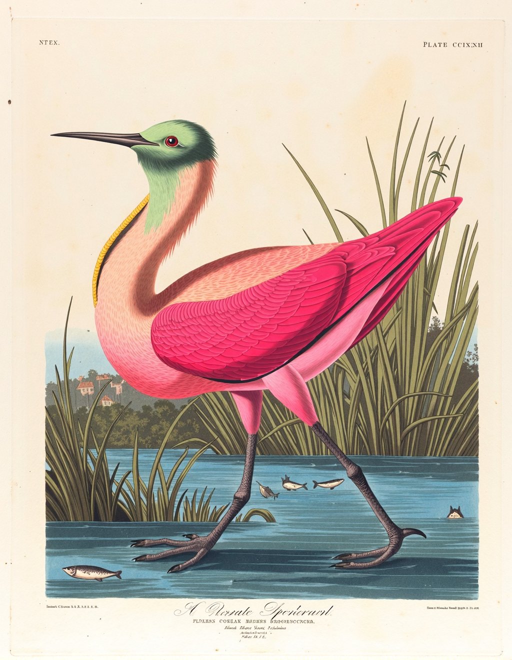 John James Audubon Style,  A Roseate Spoonbill wades through shallow estuarine waters,  its shocking pink plumage reflecte...