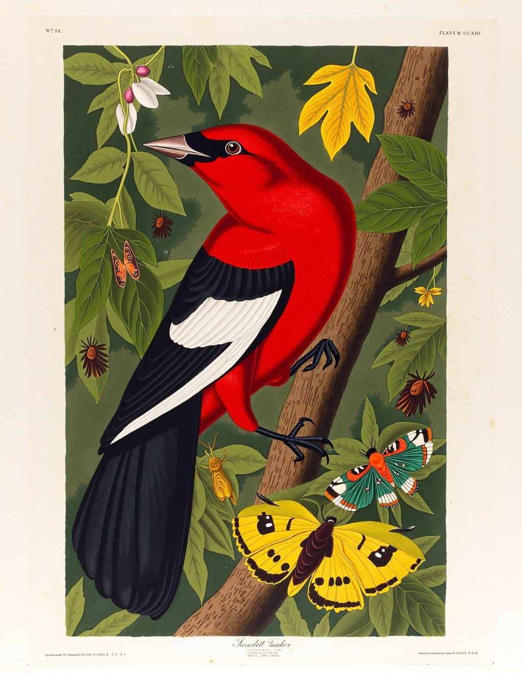 John James Audubon Style,  A Scarlet Tanager male perches among maple leaves,  its brilliant red plumage and black wings c...