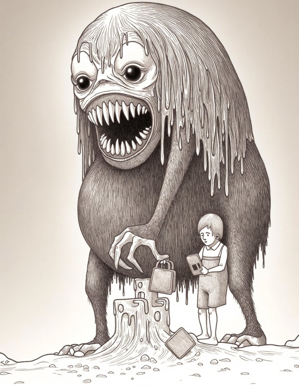 John Kenn Mortensen Style,  A child builds a sandcastle at the beach while a massive creature emerges from the ocean behin...
