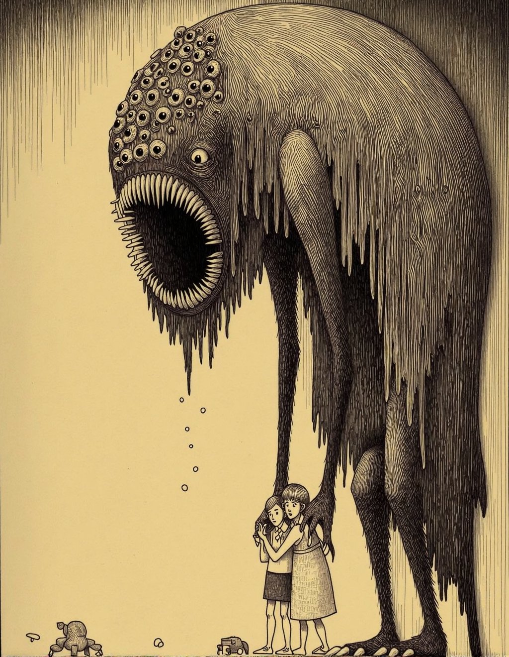 John Kenn Mortensen Style,  Two children hide beneath creaking floorboards as a creature with an impossibly wide mouth cra...
