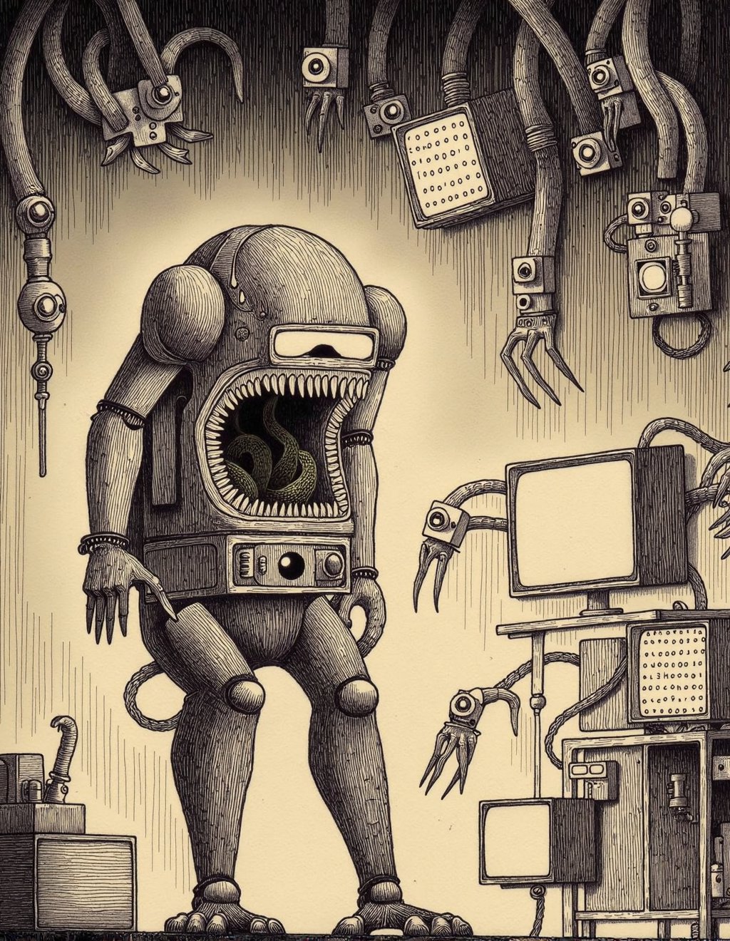 John Kenn Mortensen Style,  Iron Man's armor stands empty in the workshop,  its eye slits containing something organic tha...
