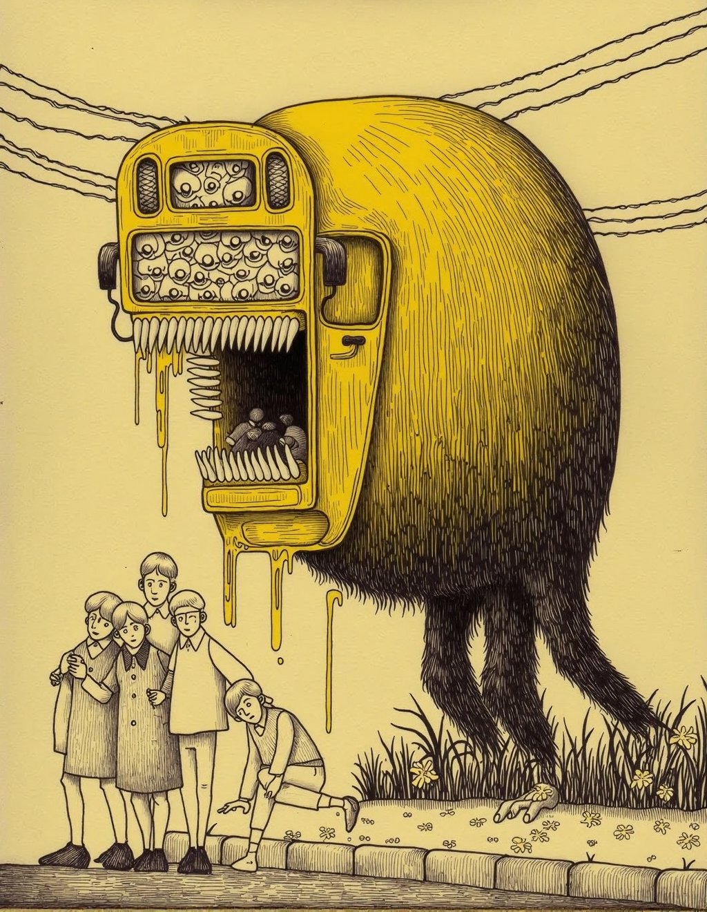 John Kenn Mortensen Style,  Schoolchildren wait at a bus stop as a creature disguised as the bus approaches. Its yellow ex...