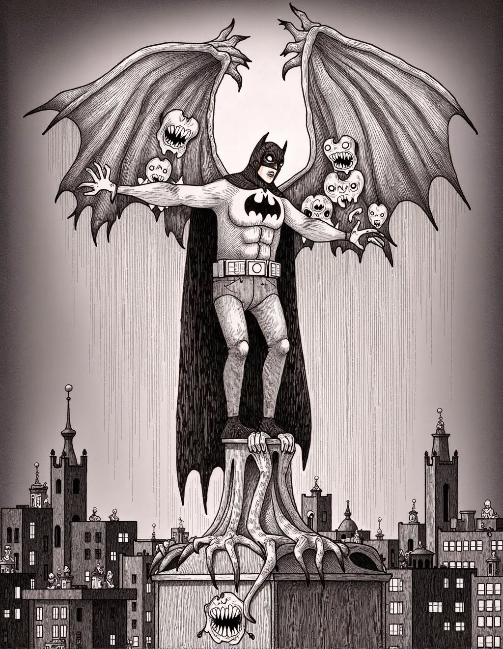 John Kenn Mortensen Style,  Batman perches on a Gotham gargoyle that has developed blinking eyes and a mouth forming silen...