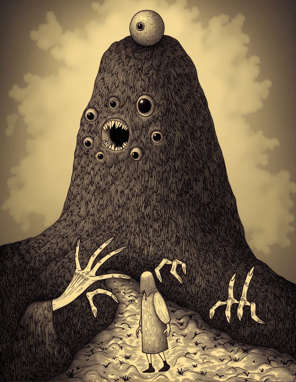 John Kenn Mortensen Style,  Frodo approaches Mount Doom as the very landscape develops watching eyes within rock formation...