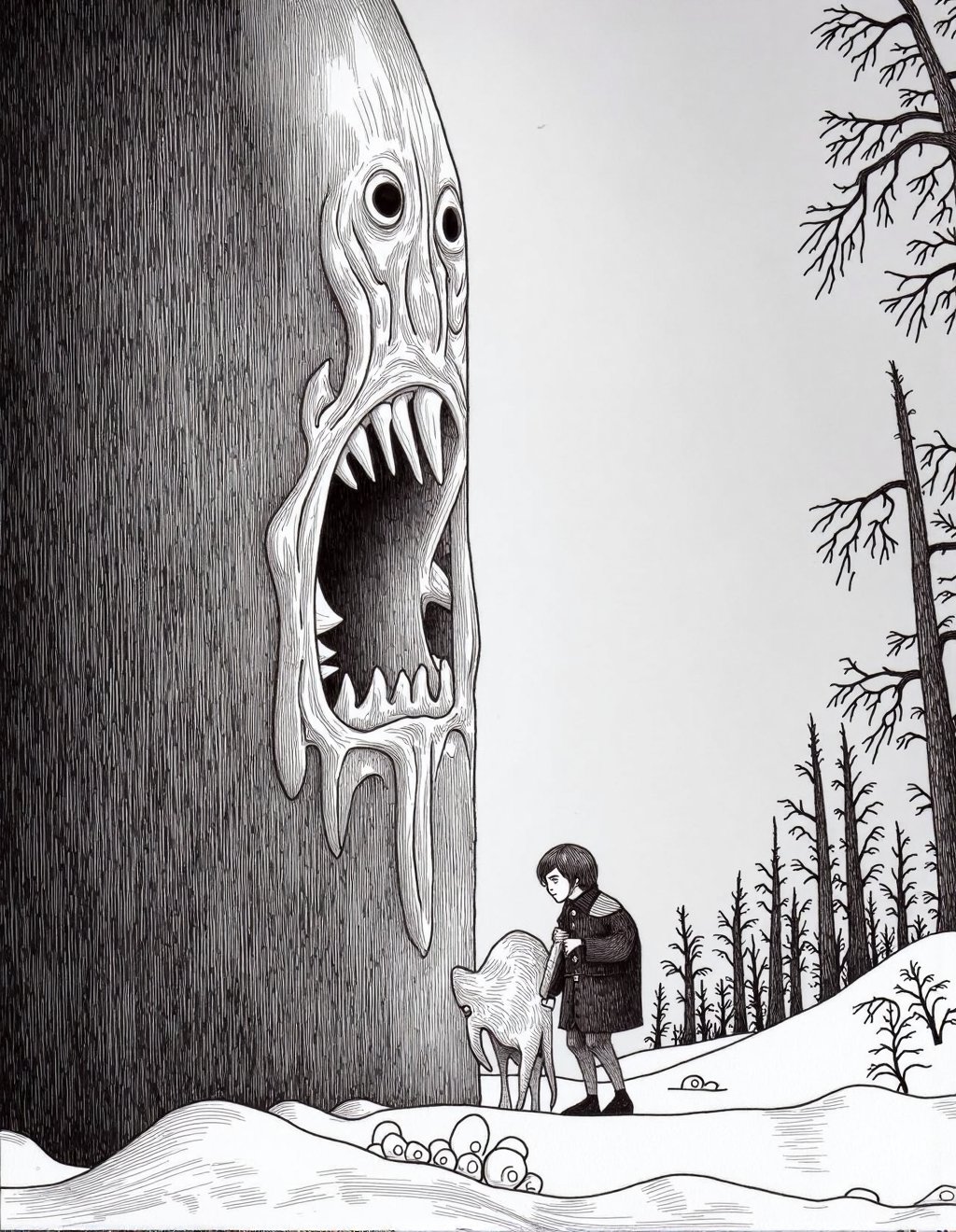 John Kenn Mortensen Style,  Jon Snow and Ghost patrol beyond the Wall,  where snow formations develop face-like depression...