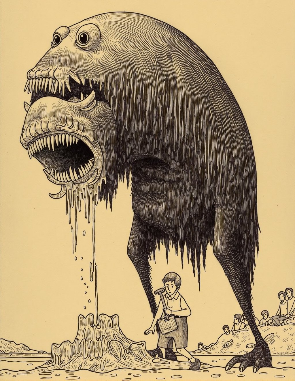John Kenn Mortensen Style,  A child builds a sandcastle at the beach while a massive creature emerges from the ocean behin...