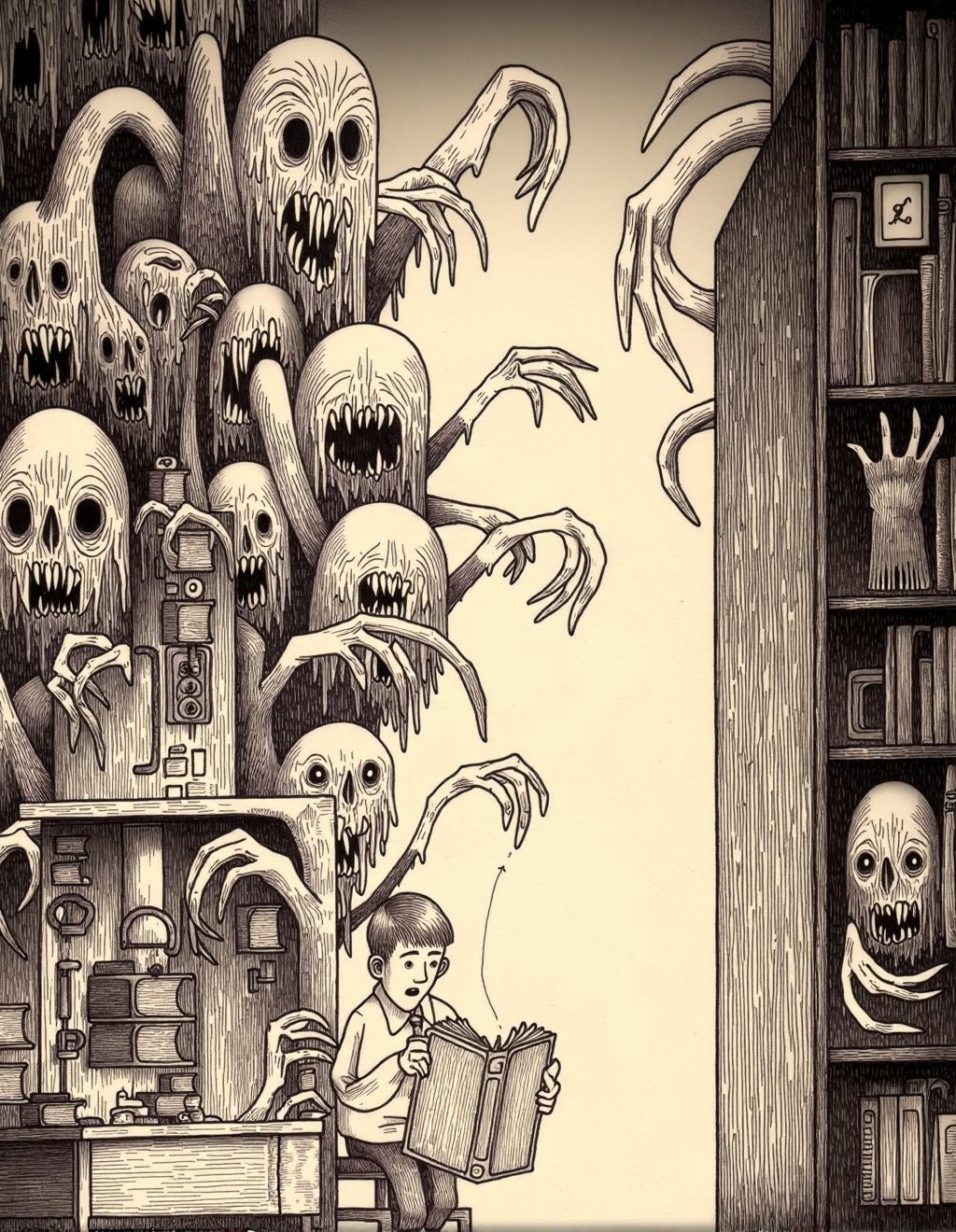 John Kenn Mortensen Style,  A boy sits in a library,  engrossed in a book while the stacks behind him transform into a for...