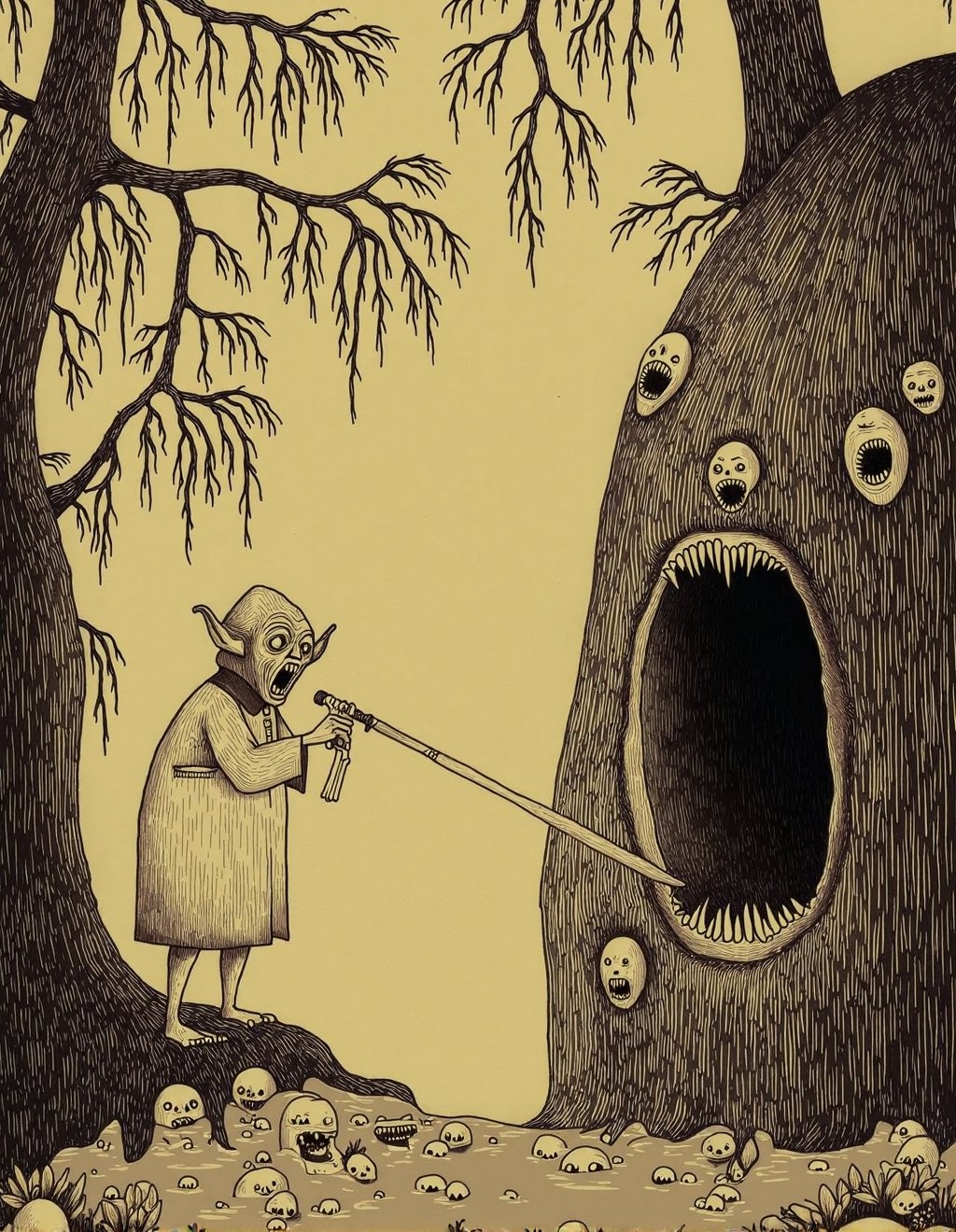 John Kenn Mortensen Style,  Luke Skywalker trains on Dagobah as the swamp reveals faces forming in muddy water,  watching...