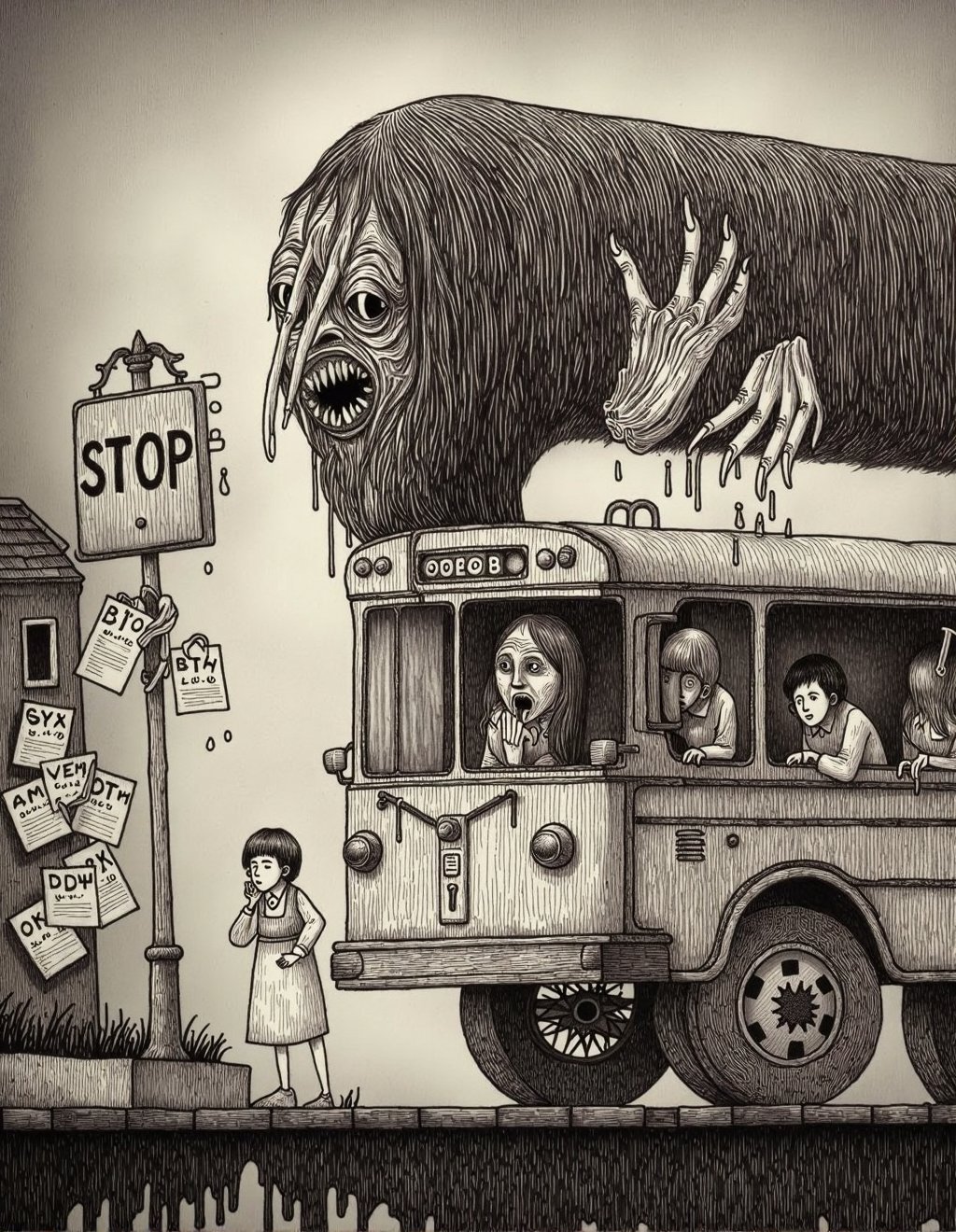 John Kenn Mortensen Style,  A child waits at a rain-streaked bus stop as passengers on the approaching bus press distorted...
