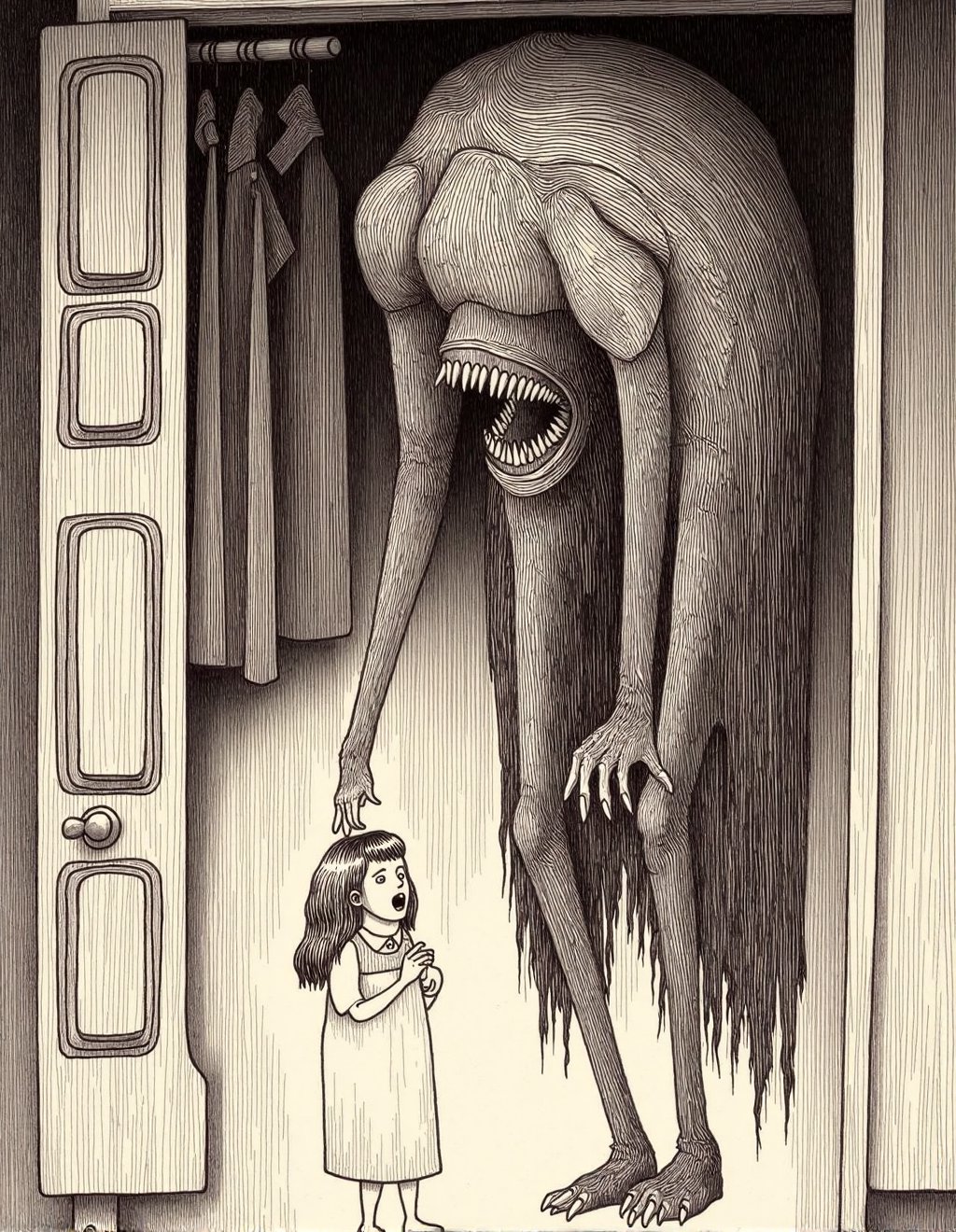 John Kenn Mortensen Style,  A small girl in a nightgown opens her closet door to find an emaciated giant crammed inside,...