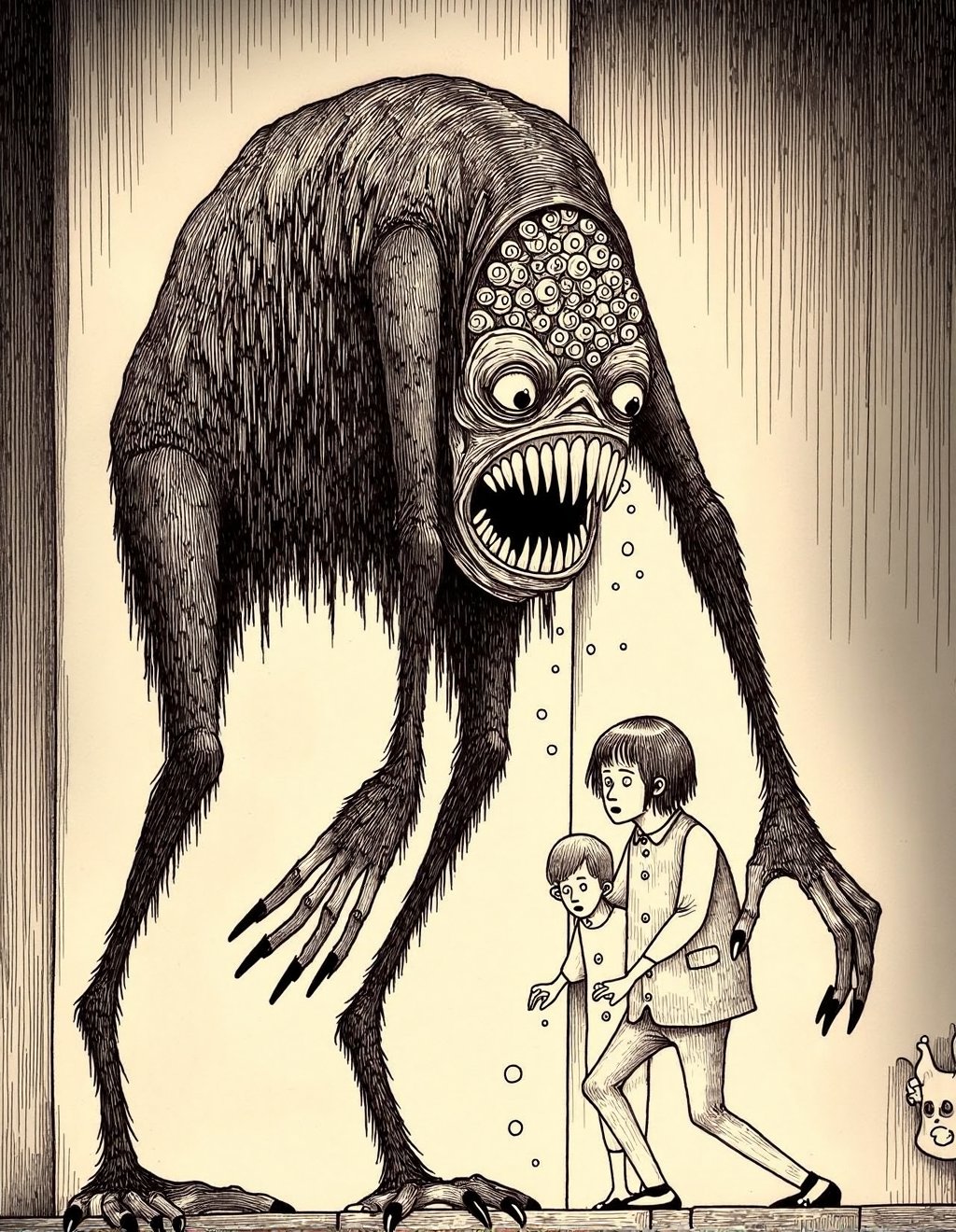 John Kenn Mortensen Style,  Two children hide beneath creaking floorboards as a creature with an impossibly wide mouth cra...