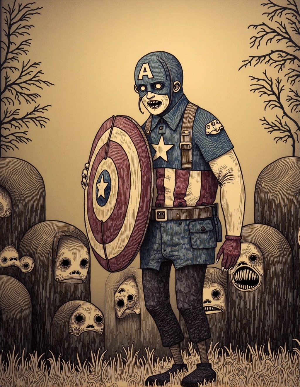 John Kenn Mortensen Style,  Captain America finds himself in a battlefield where fallen soldiers rise again with too many...