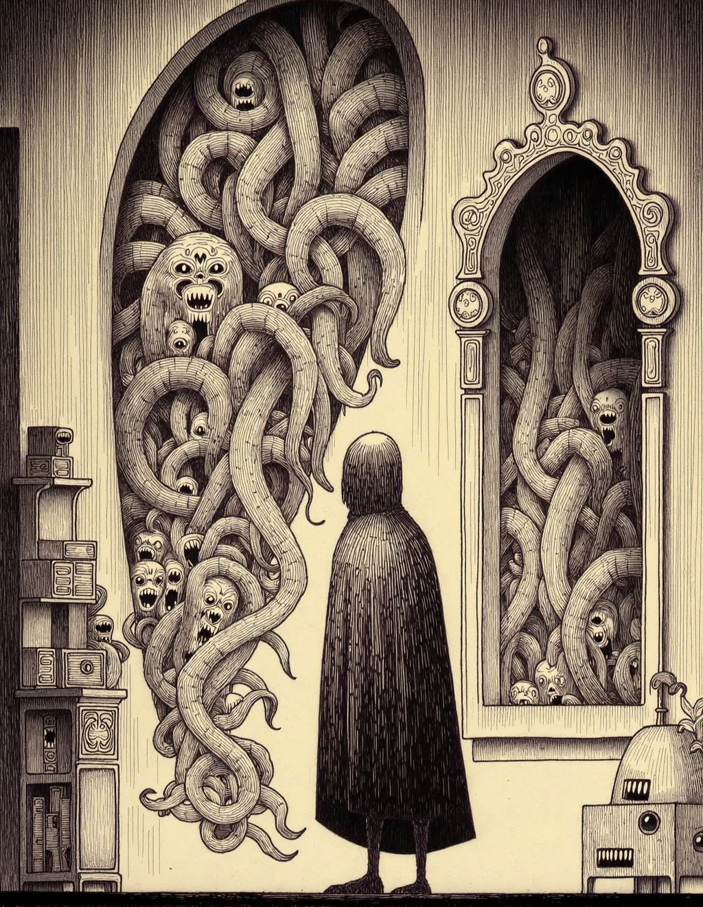 John Kenn Mortensen Style,  Doctor Strange opens a portal that reveals entities composed entirely of twisted human-like fi...
