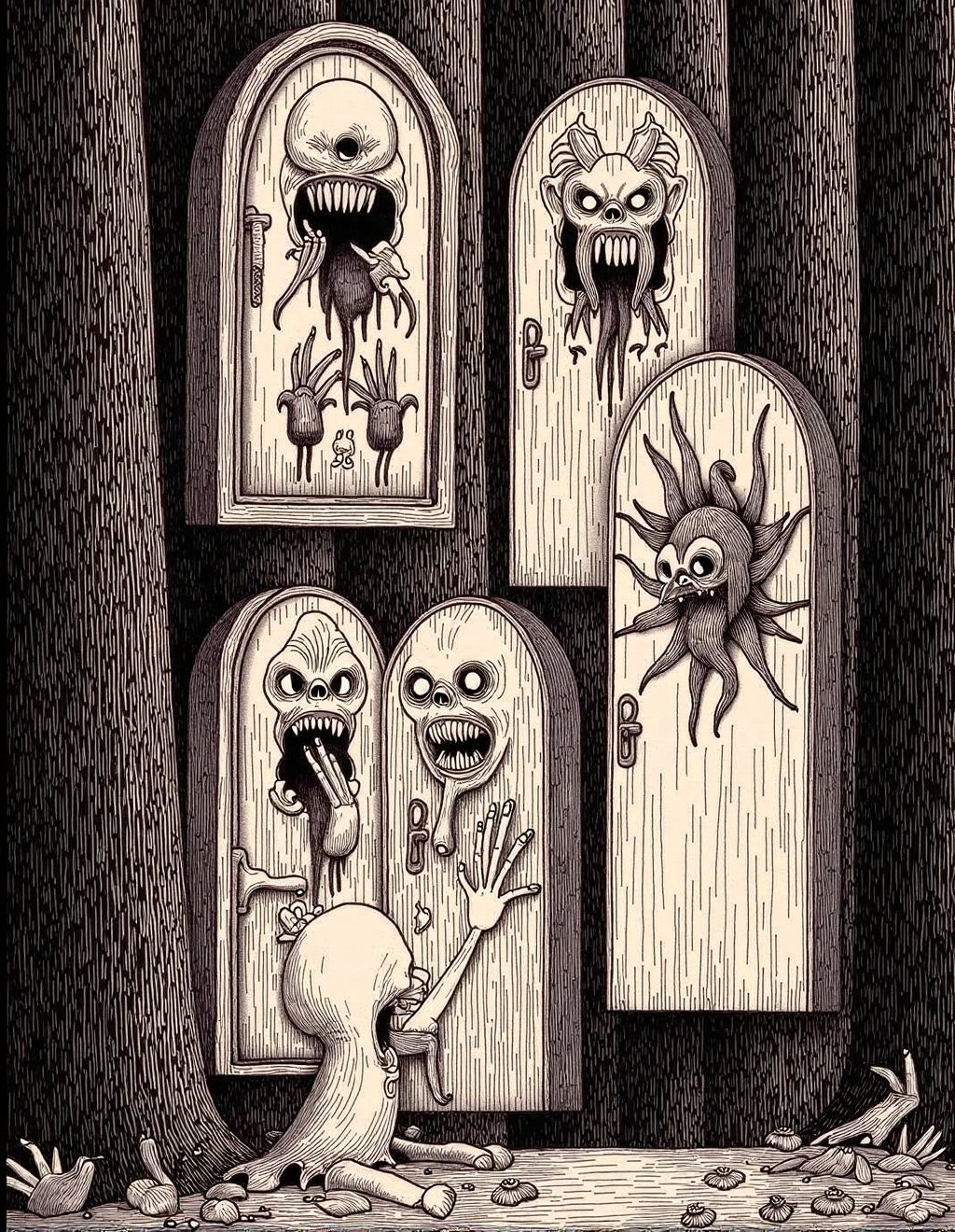 John Kenn Mortensen Style,  Jack Skellington discovers a forest clearing where holiday doors have developed watching eyes...
