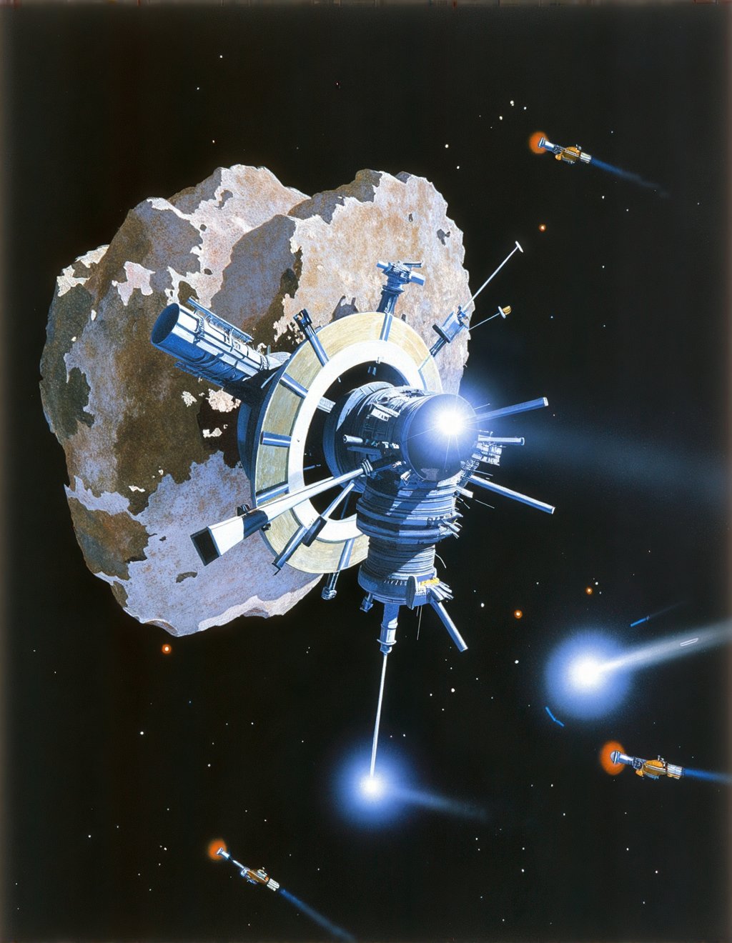 John Harris Style,  A mining installation extracts resources from a metallic asteroid,  its architecture blending into the...