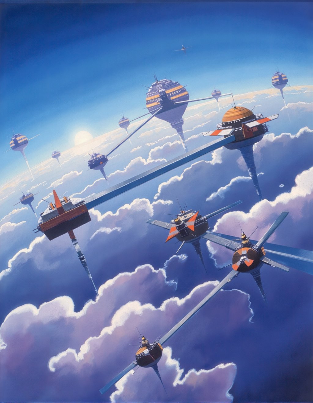 John Harris Style,  Geometric cities float above the cloud layers of a gas giant,  their angular platforms connected by go...