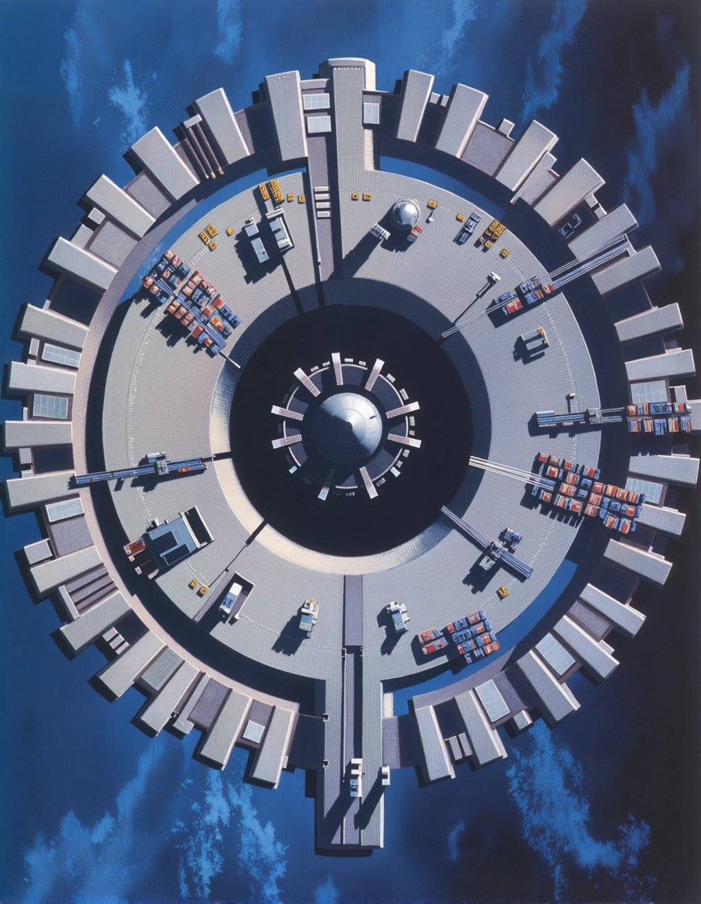 John Harris Style,  Cylindrical habitat modules rotate majestically around a central transportation hub,  creating an orbi...