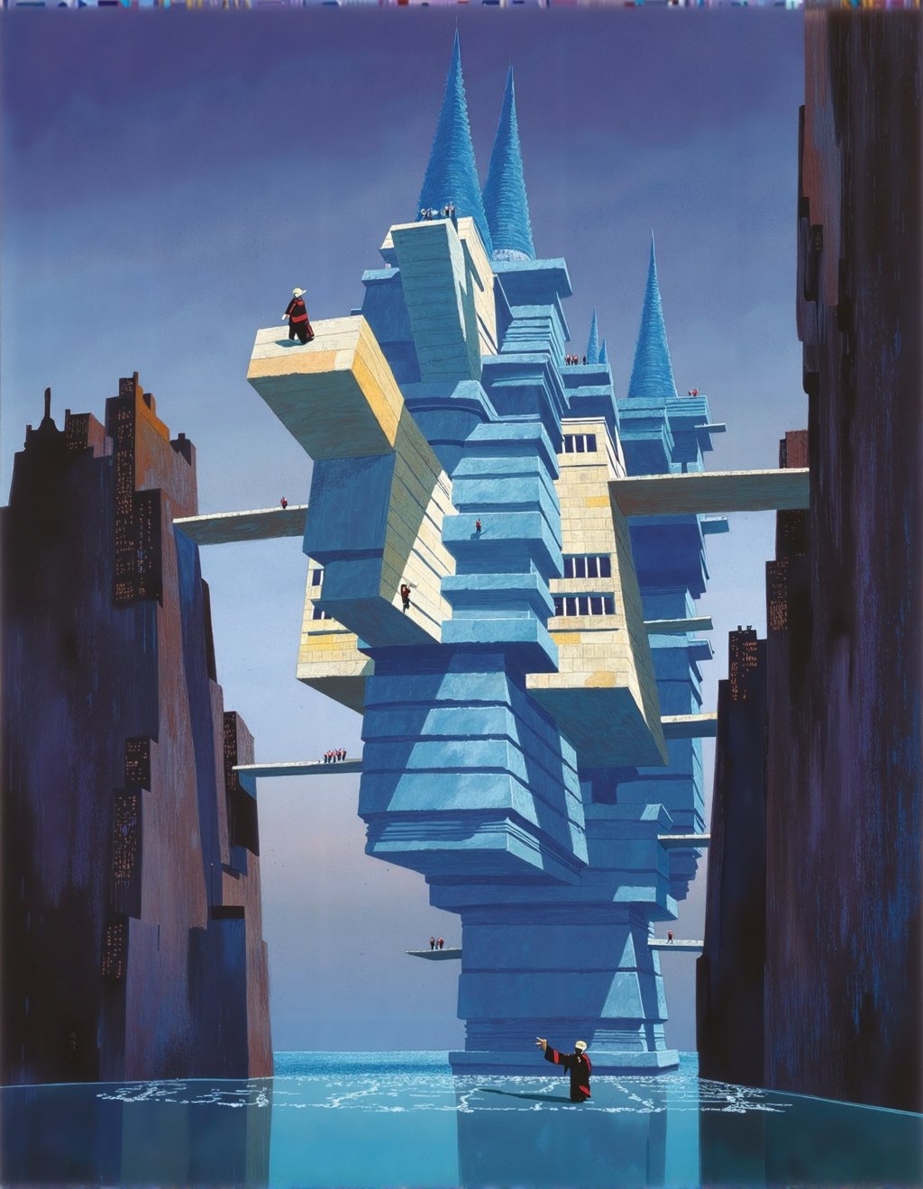 John Harris Style,  Harry Potter approaches Hogwarts Castle reimagined as a geometric structure of impossible architecture...