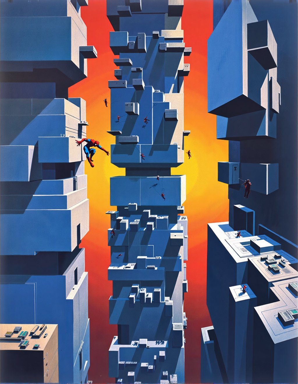 John Harris Style,  Spider-Man traverses a futuristic Manhattan reimagined as geometric architecture extending beyond conv...