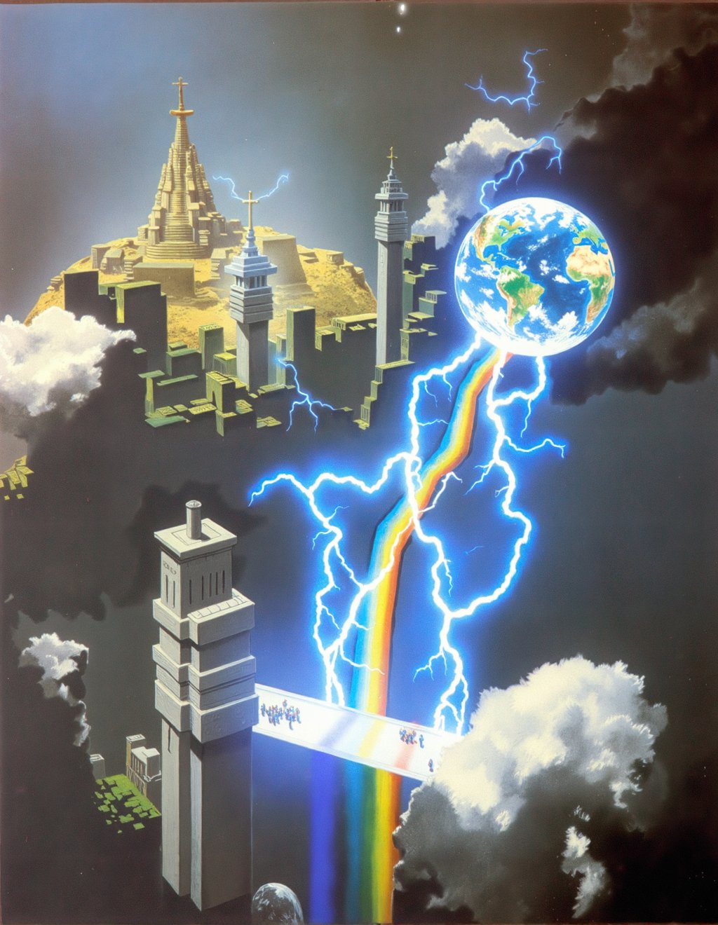 John Harris Style,  Thor summons lightning that connects Asgardian architecture with Earth's atmosphere,  creating geometr...