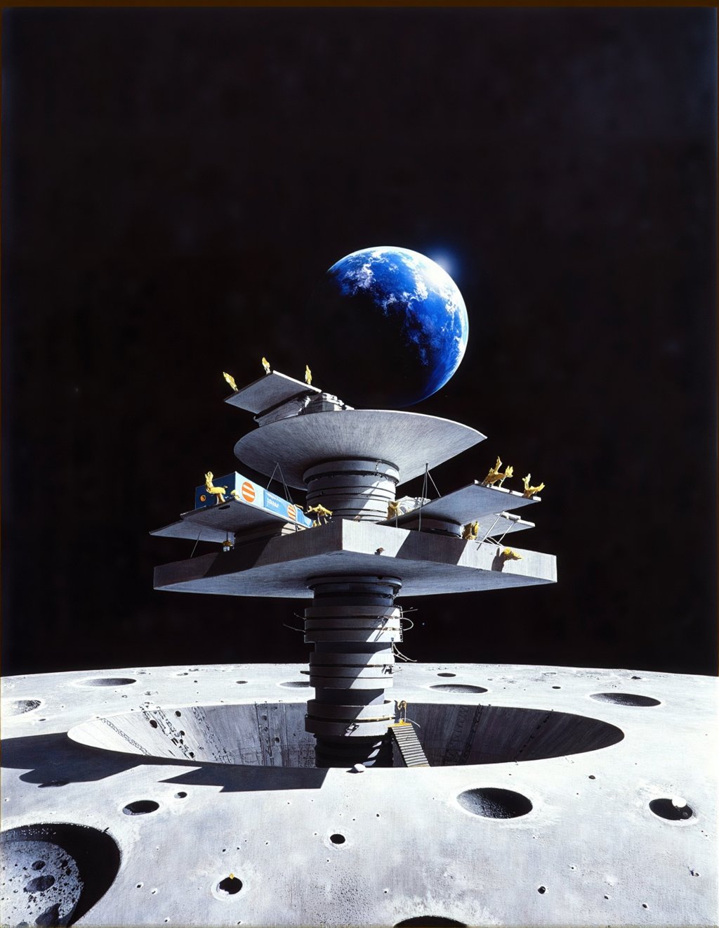 John Harris Style,  A quantum communication array rises from a lunar crater,  its impossible geometry suggesting functions...