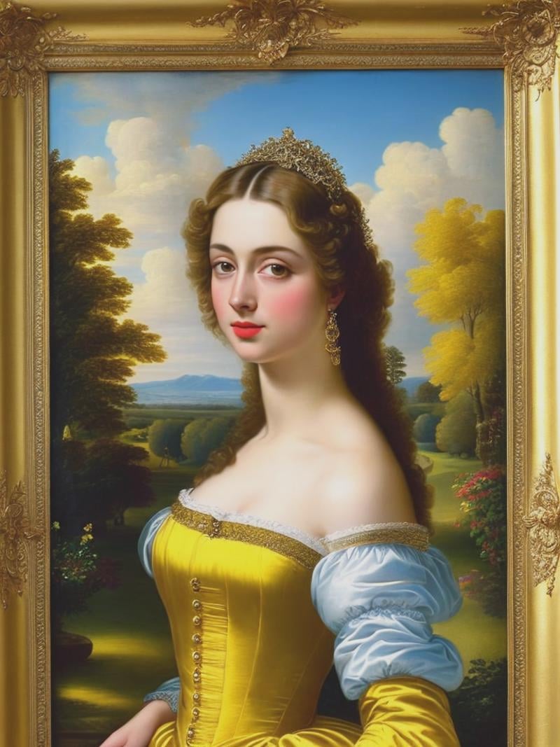 an ultra HD superb quality 1740s oil painting depicting a beautiful young woman with fair skin,  chestnut-brown hair,  Bea...
