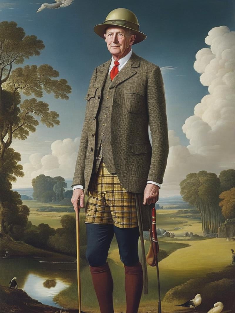 old man in tweed safari uniform wearing a pith helmet,  tartan knickers,  XX century hunter by Kappa_Neuro on Tensor.Art