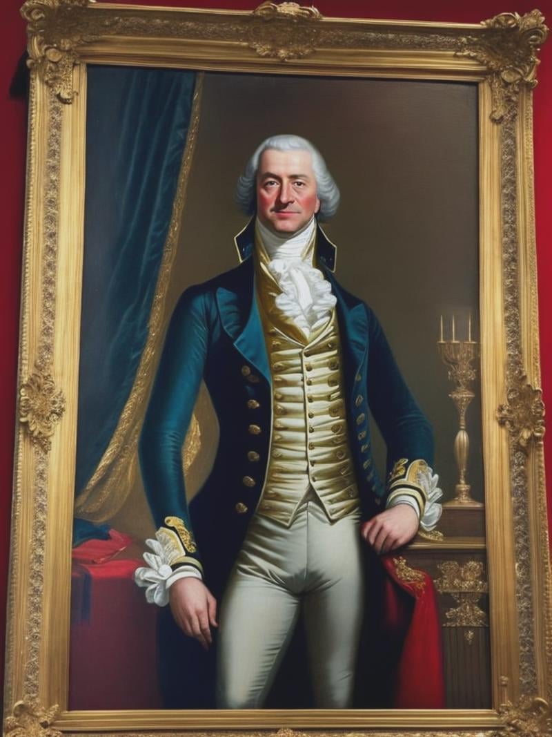 a portrait torso shot of a Wealthy Gentleman in 1776 dressed in fine clothes as he would have been for a portrait in the g...