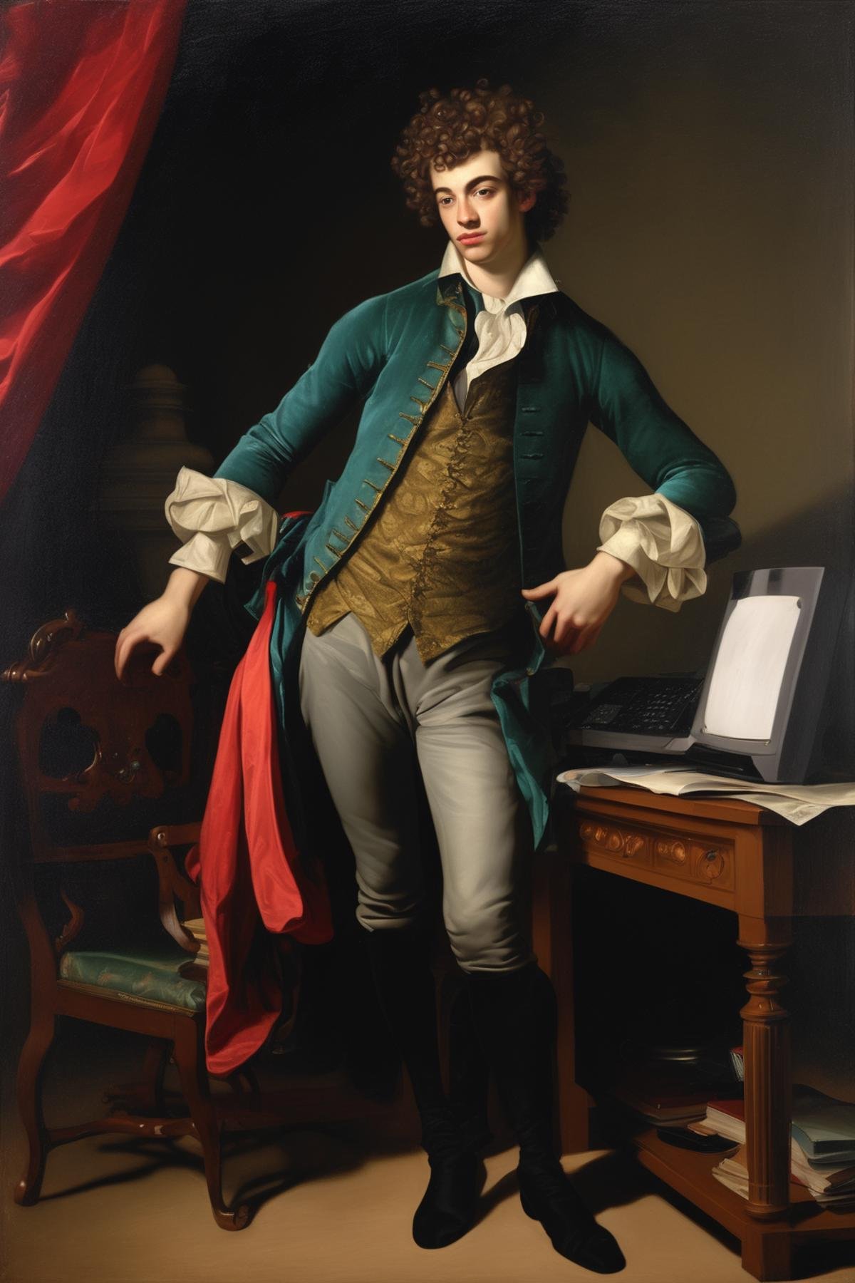 John Singleton Copley Style - full body portrait of a young man with curly hair at his computer by Kappa_Neuro on Tensor.Art