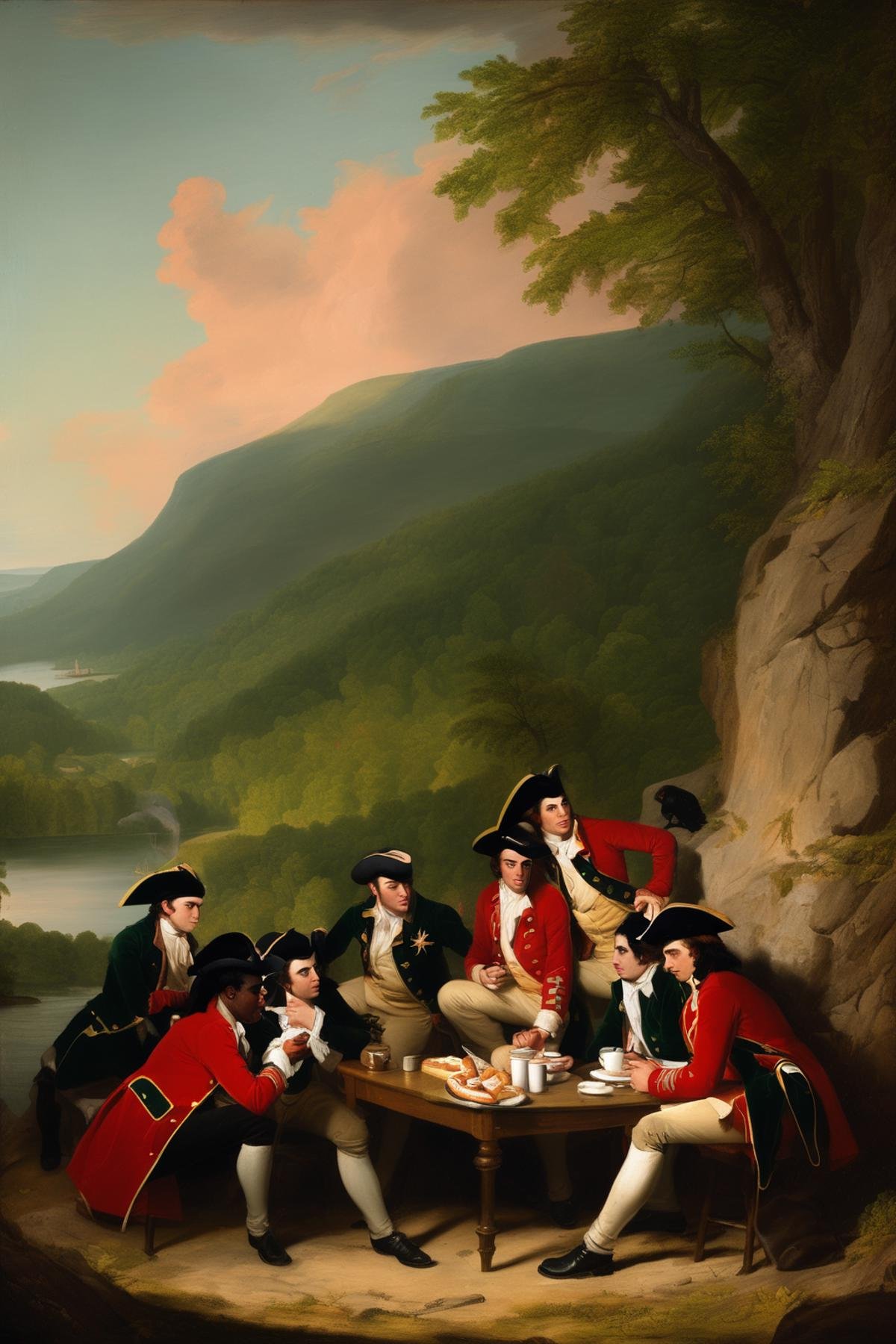 John Singleton Copley Style - a John Trumbull painting of the morning after of the Green Mountain Boys capture of Fort Tic...