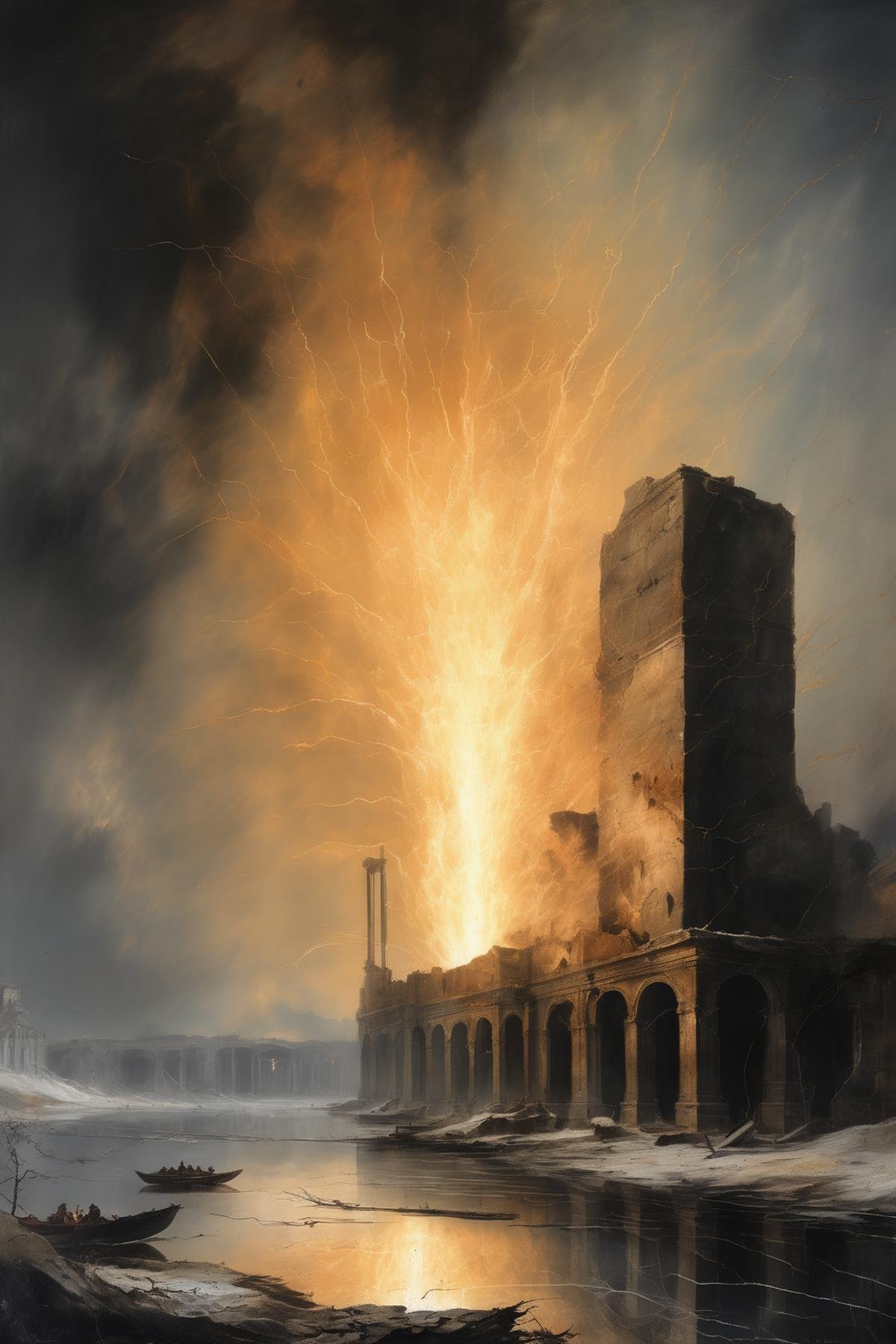 John Martin Style - atomic electric plant,  W. Turner and Francisco de Goya style,  on a frozen lake of broken translucent...