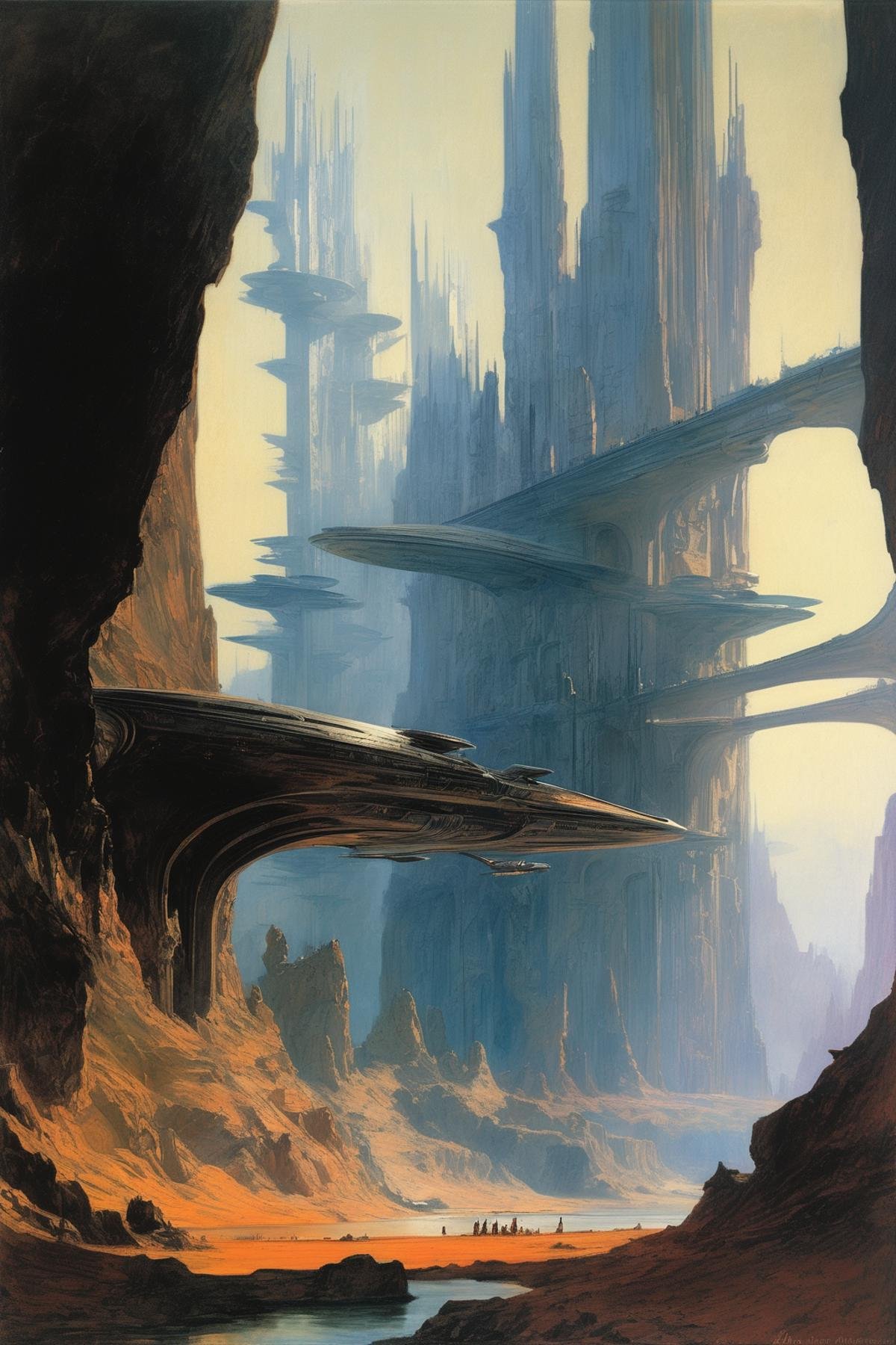 John Martin Style - megastructures by syd mead and zaha hadid,  in a landscape,  by albert bierstadt by Kappa_Neuro on Ten...